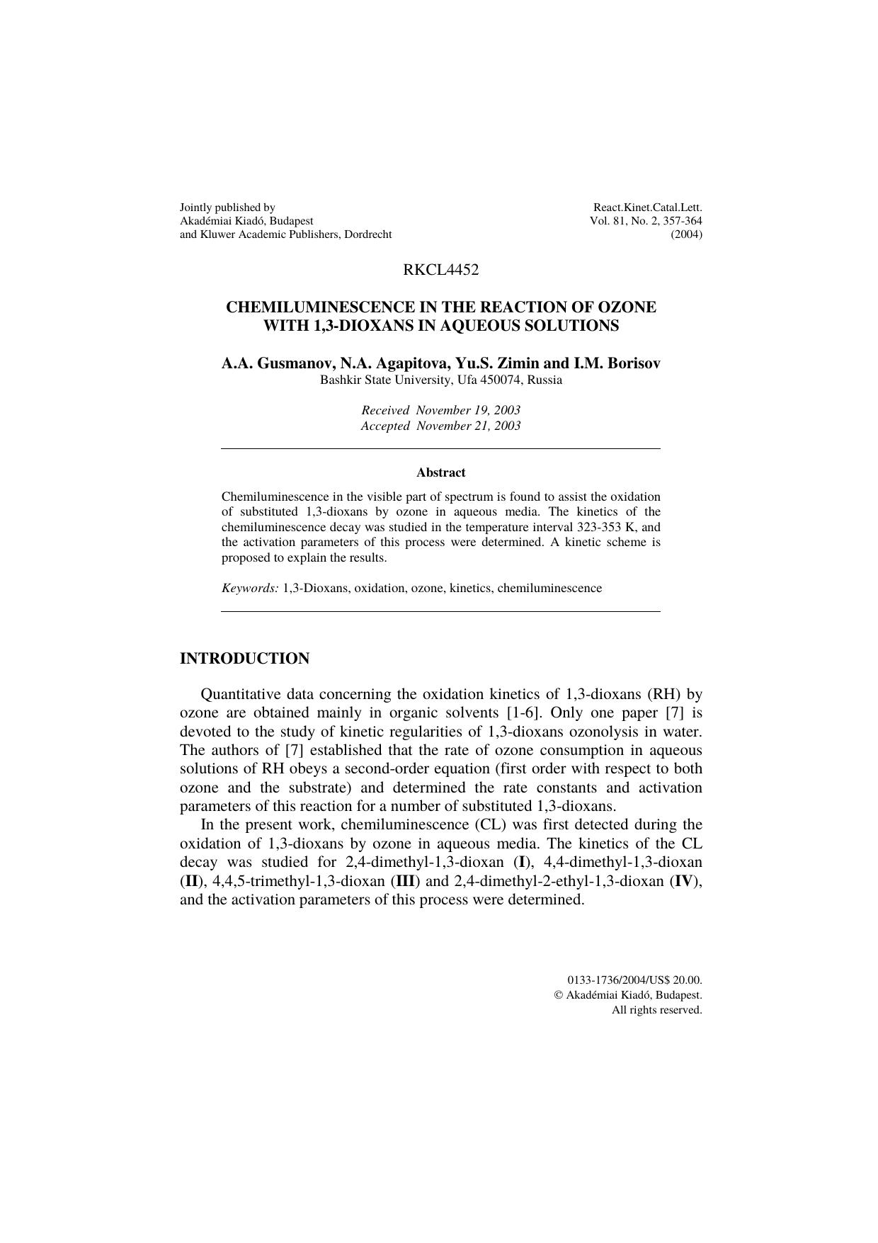 Chemiluminescence in the reaction of ozone with 1,3-dioxans in aqueous solutions by Unknown
