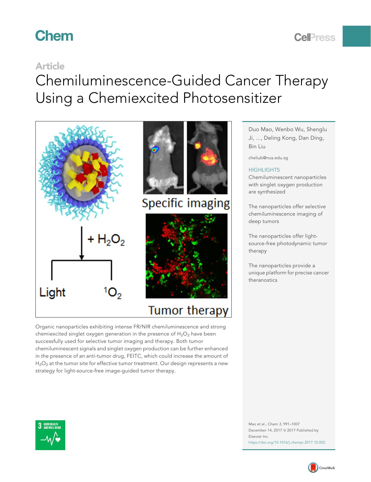 Chemiluminescence-Guided Cancer Therapy Using a Chemiexcited Photosensitizer by Duo Mao & Wenbo Wu & Shenglu Ji & Chao Chen & Fang Hu & Deling Kong & Dan Ding & Bin Liu