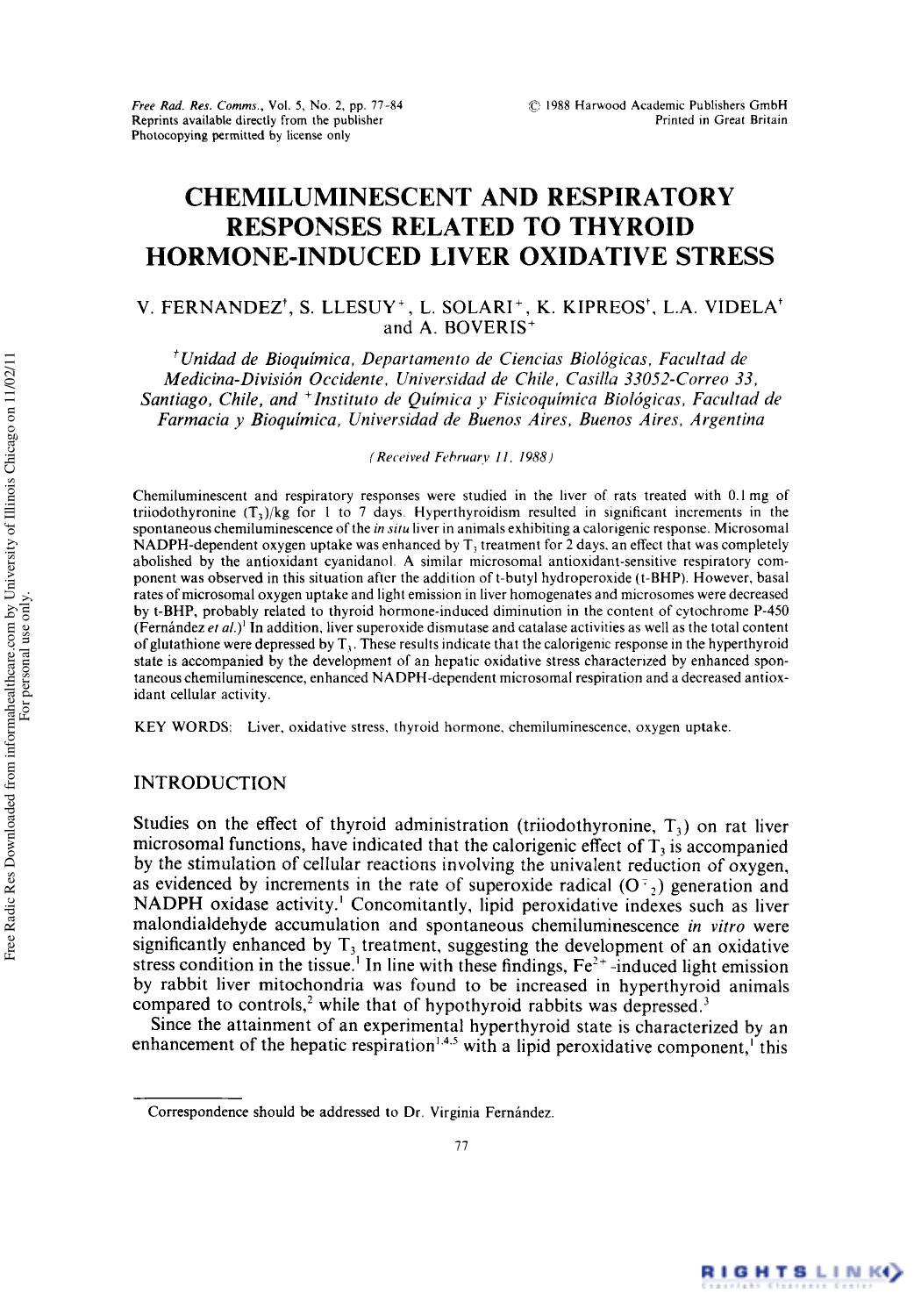 Chemiluminescent and Respiratory Responses Related to Thyroid Hormone-Induced Liver Oxidative Stress by V. Fernandez S. Llesuy2 L. Solari2 K. Kipreos1 L. A. Videla1 & A. Boveris2