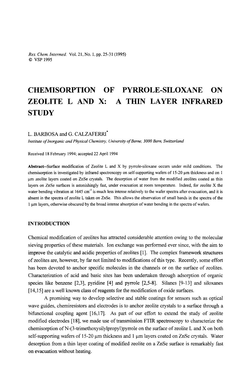 Chemisorption of pyrrole-siloxane on zeolite L and X: A thin layer infrared study by Unknown