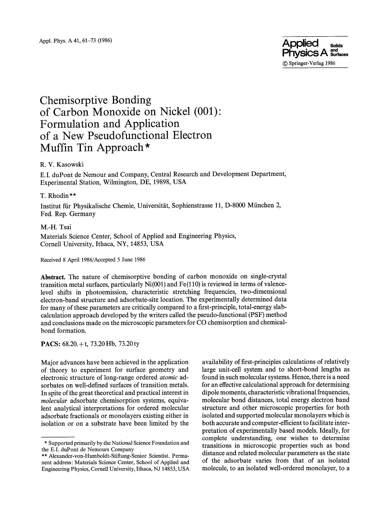 Chemisorptive bonding of carbon monoxide on nickel (001): Formulation and application of a new pseudofunctional electron muffin tin approach by Unknown