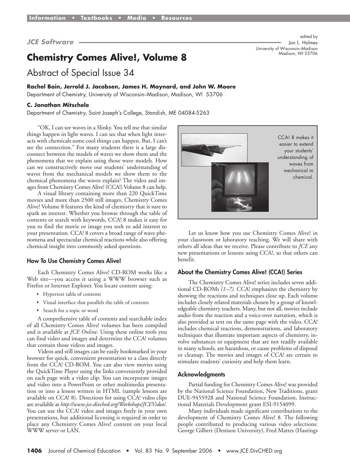 Chemistry Comes Alive!, Volume 8. Abstract of Special Issue 34 by Rachel Bain Jerrold J. Jacobsen James H. Maynard John W. Moore & C. Jonathan Mitschele