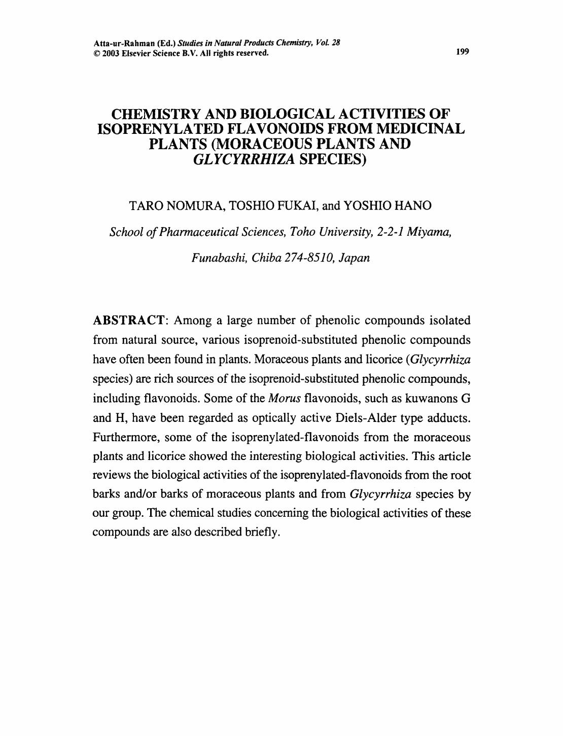 Chemistry and Biological Activities of Isoprenylated Flavonoids from Medicinal Plants (Moraceous Plants and Glycyrrhiza Species) by Taro Nomura & Toshio Fukai & Yoshio Hano