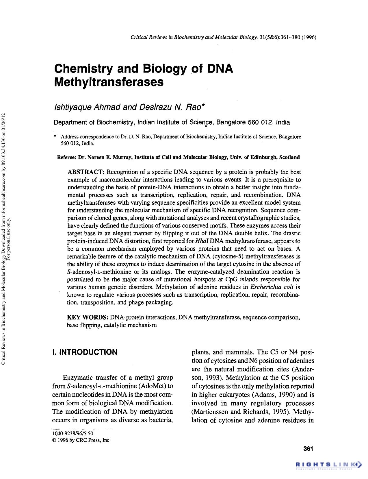 Chemistry and Biology of DNA Methyltransferases by Ishtiyaque Ahmad & Desirazu N. Rao