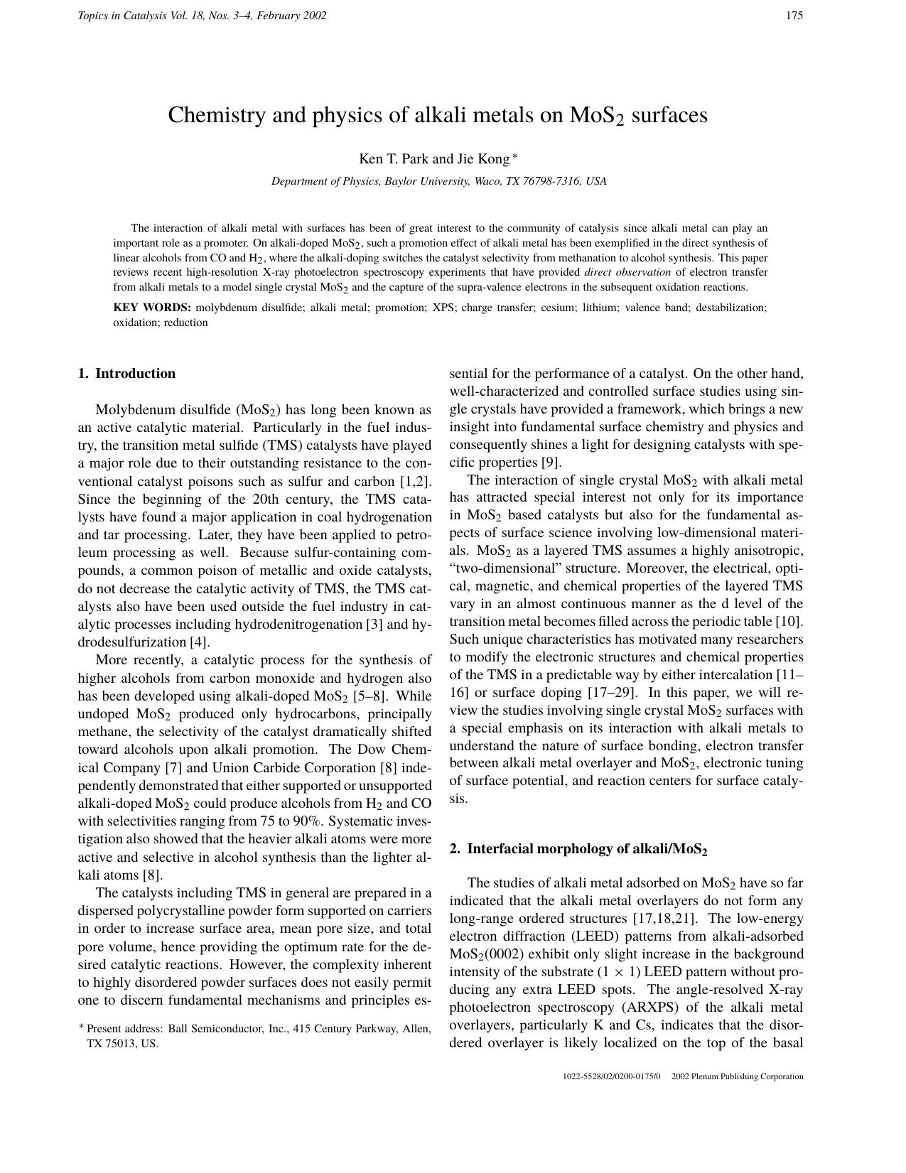 Chemistry and Physics of Alkali Metals on MoS2 Surfaces by Unknown
