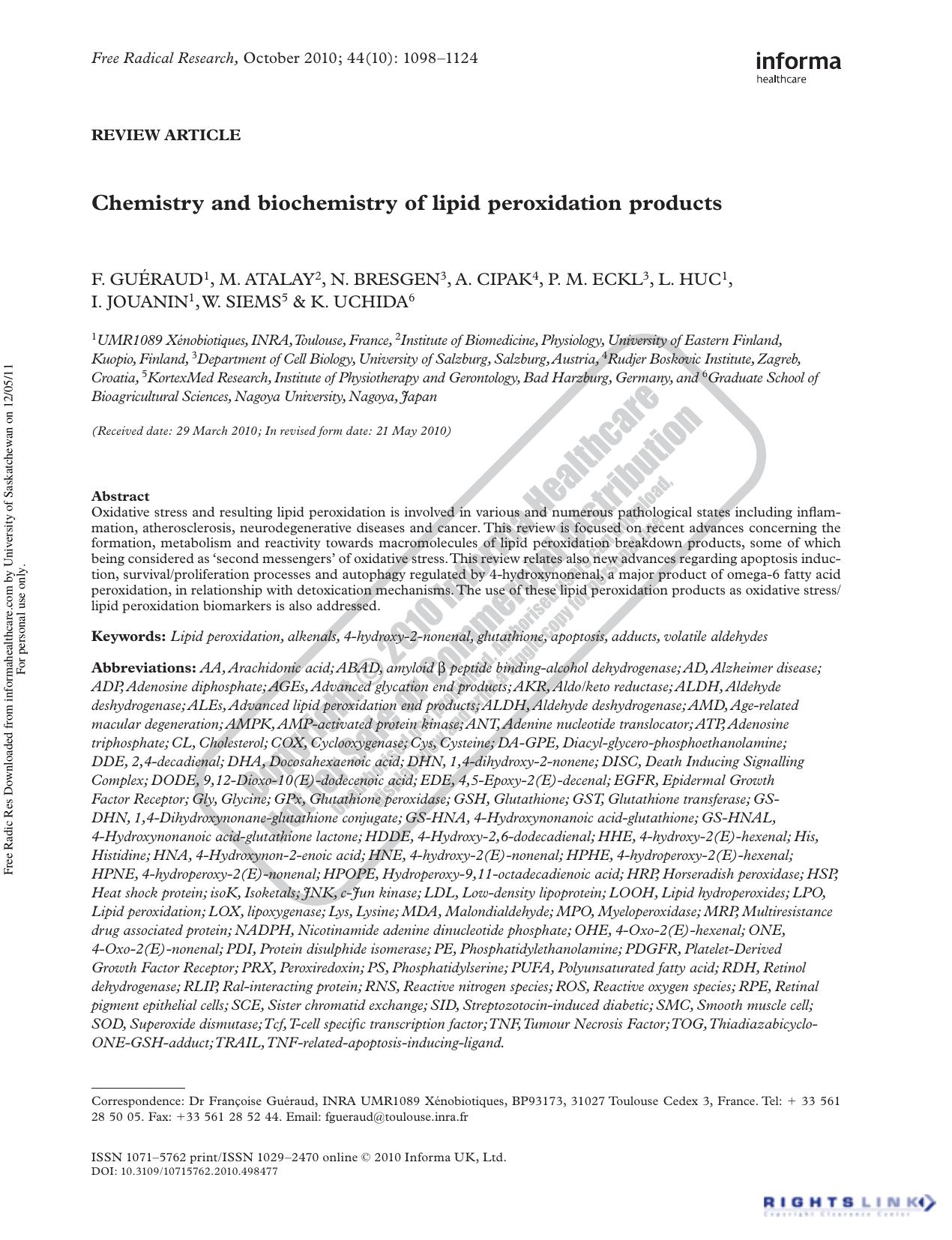 Chemistry and biochemistry of lipid peroxidation products by unknow