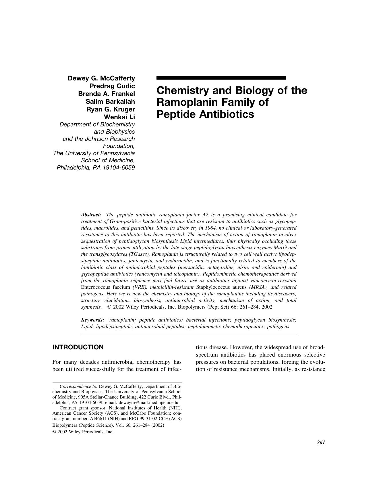 Chemistry and biology of the ramoplanin family of peptide antibiotics by Unknown