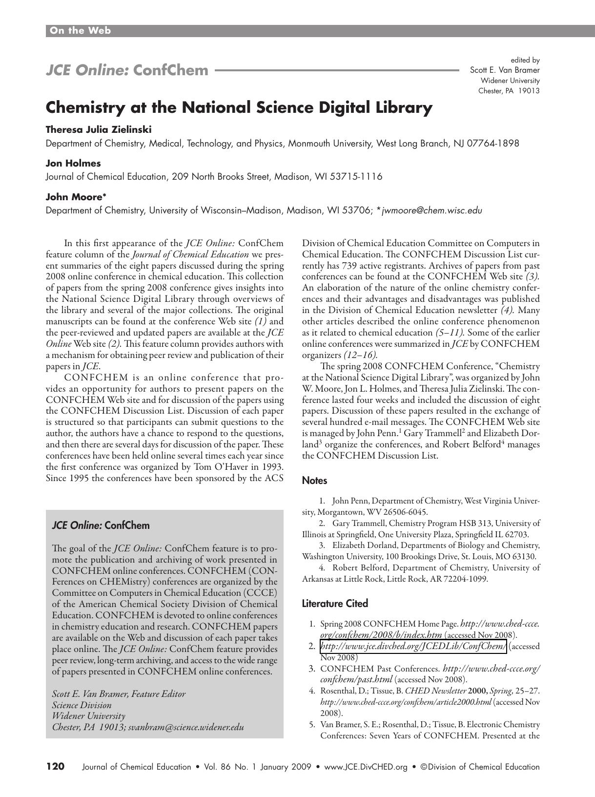 Chemistry at the National Science Digital Library by Theresa Julia Zielinski Jon L. Holmes and John W. Moore