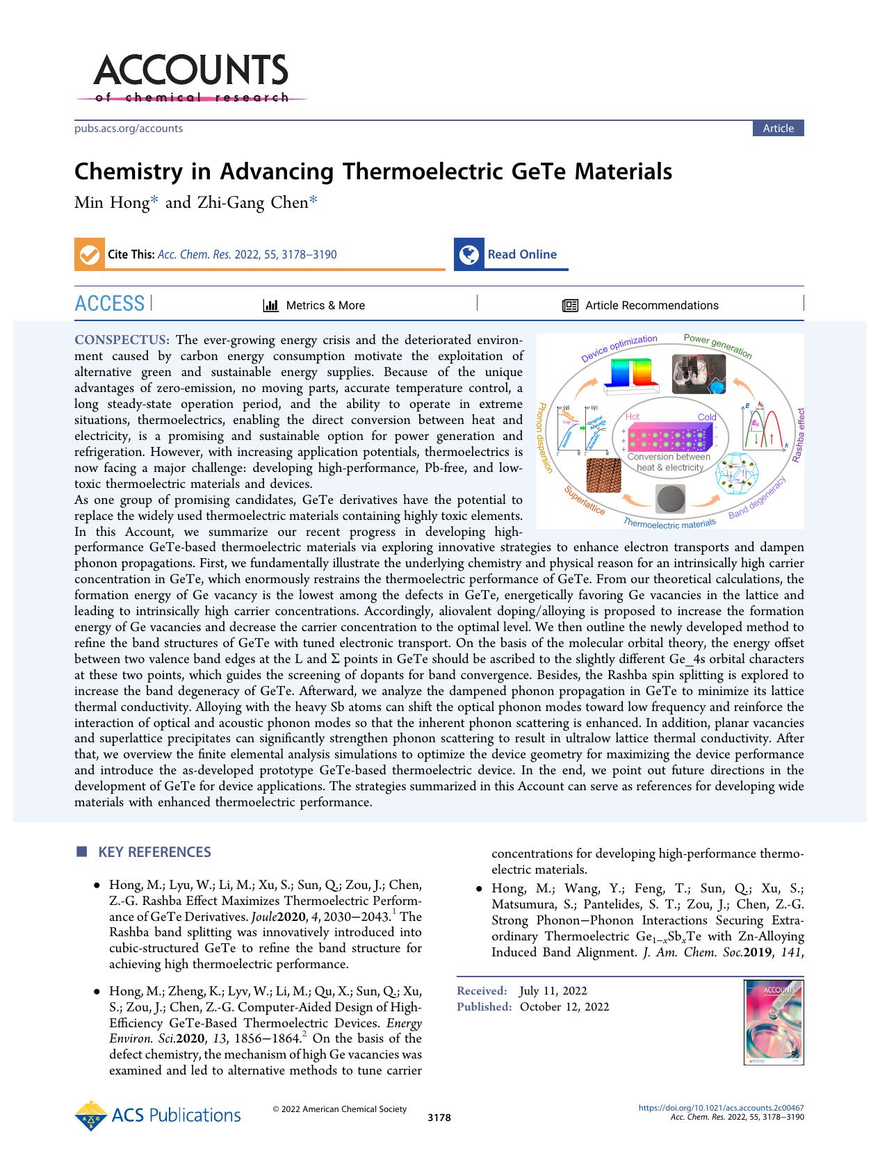 Chemistry in Advancing Thermoelectric GeTe Materials by Min Hong and Zhi-Gang Chen