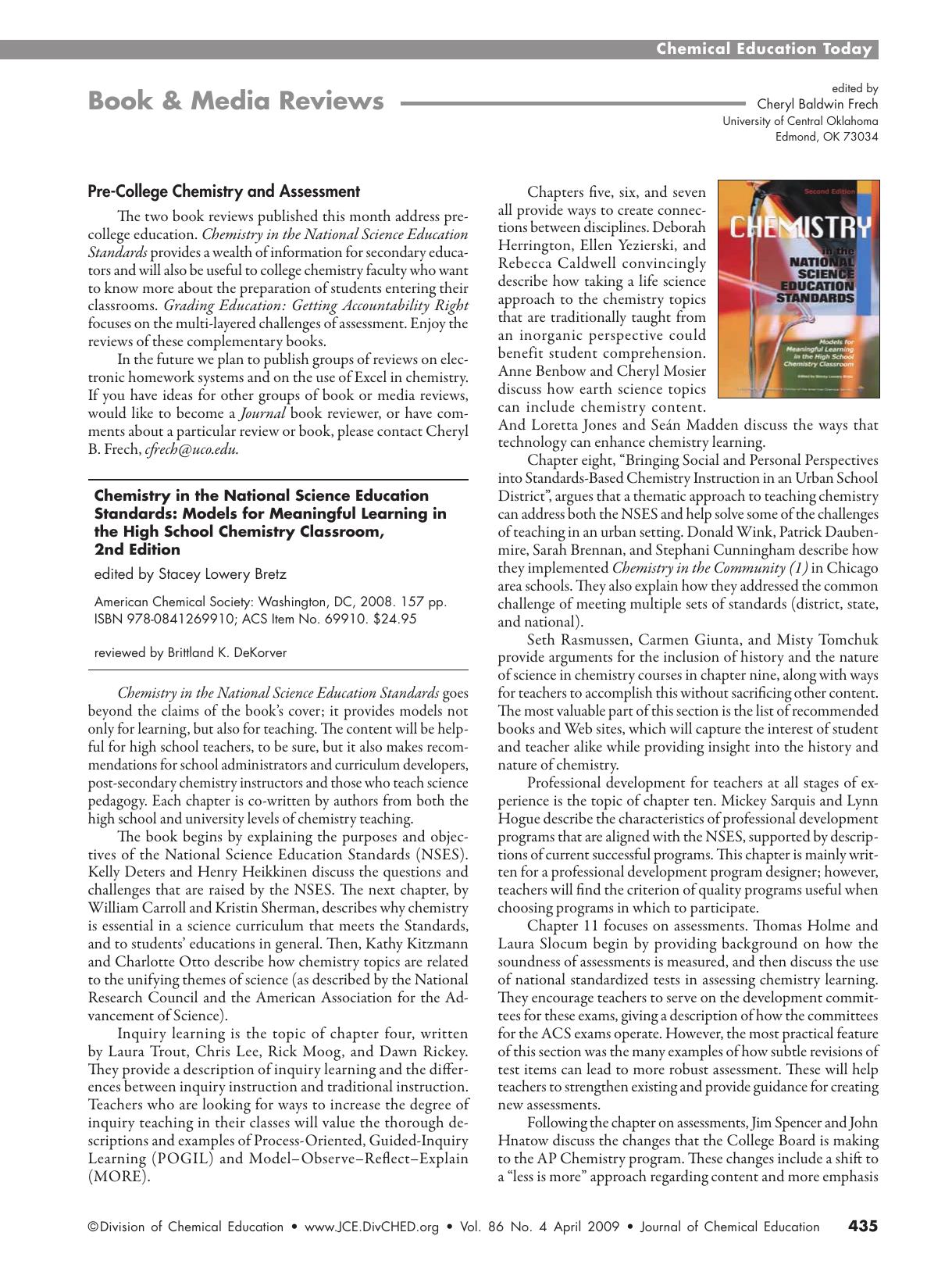 Chemistry in the National Science Education Standards: Models for Meaningful Learning in the High School Chemistry Classroom, 2nd Edition (Stacey Lowery Bretz, Ed.) by Brittland K. DeKorver