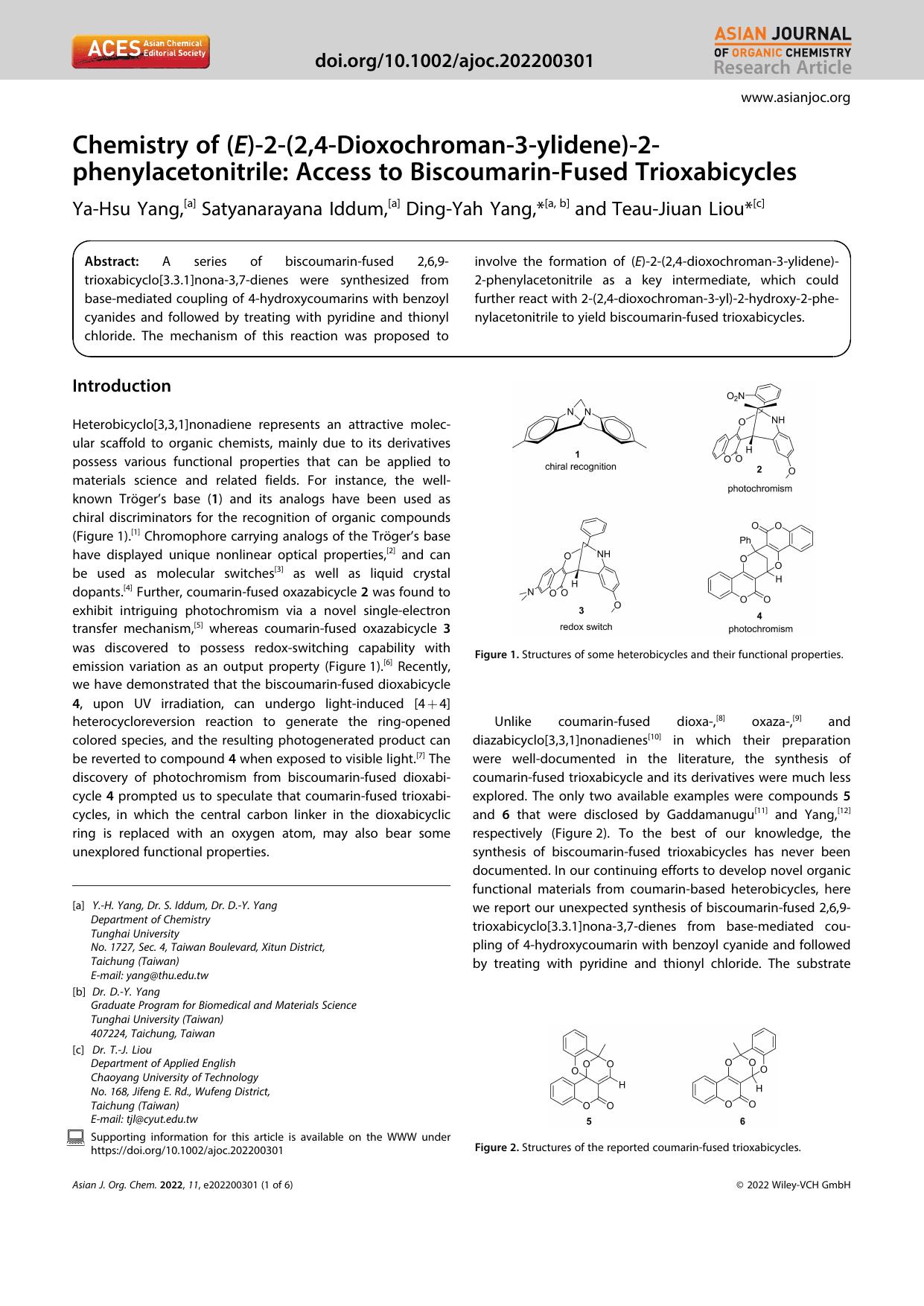 Chemistry of (E)â2â(2,4âDioxochromanâ3âylidene)â2âphenylacetonitrile: Access to BiscoumarinâFused Trioxabicycles by Unknown