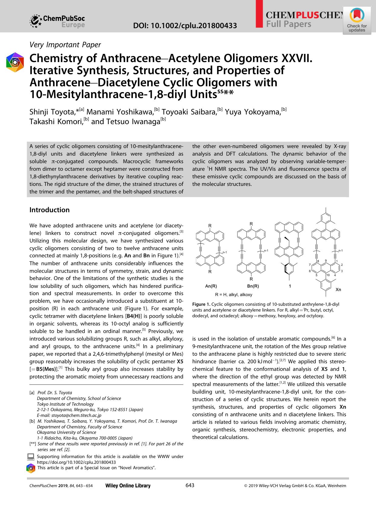 Chemistry of AnthraceneâAcetylene Oligomers XXVII. Iterative Synthesis, Structures, and Properties of AnthraceneâDiacetylene Cyclic Oligomers with 10âMesitylanthraceneâ1,8âdiyl Units by Unknown