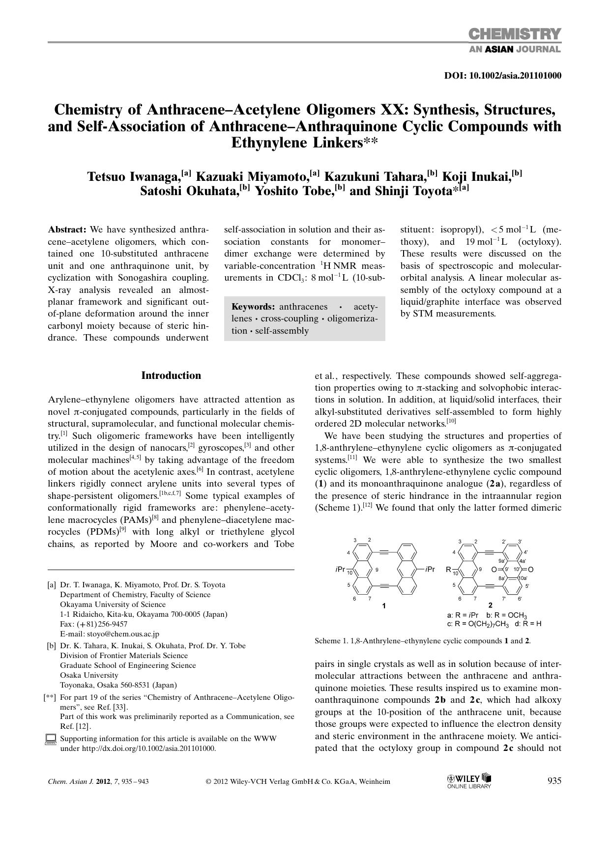 Chemistry of AnthraceneAcetylene Oligomers XX: Synthesis, Structures, and SelfAssociation of AnthraceneAnthraquinone Cyclic Compounds with Ethynylene Linkers by Unknown