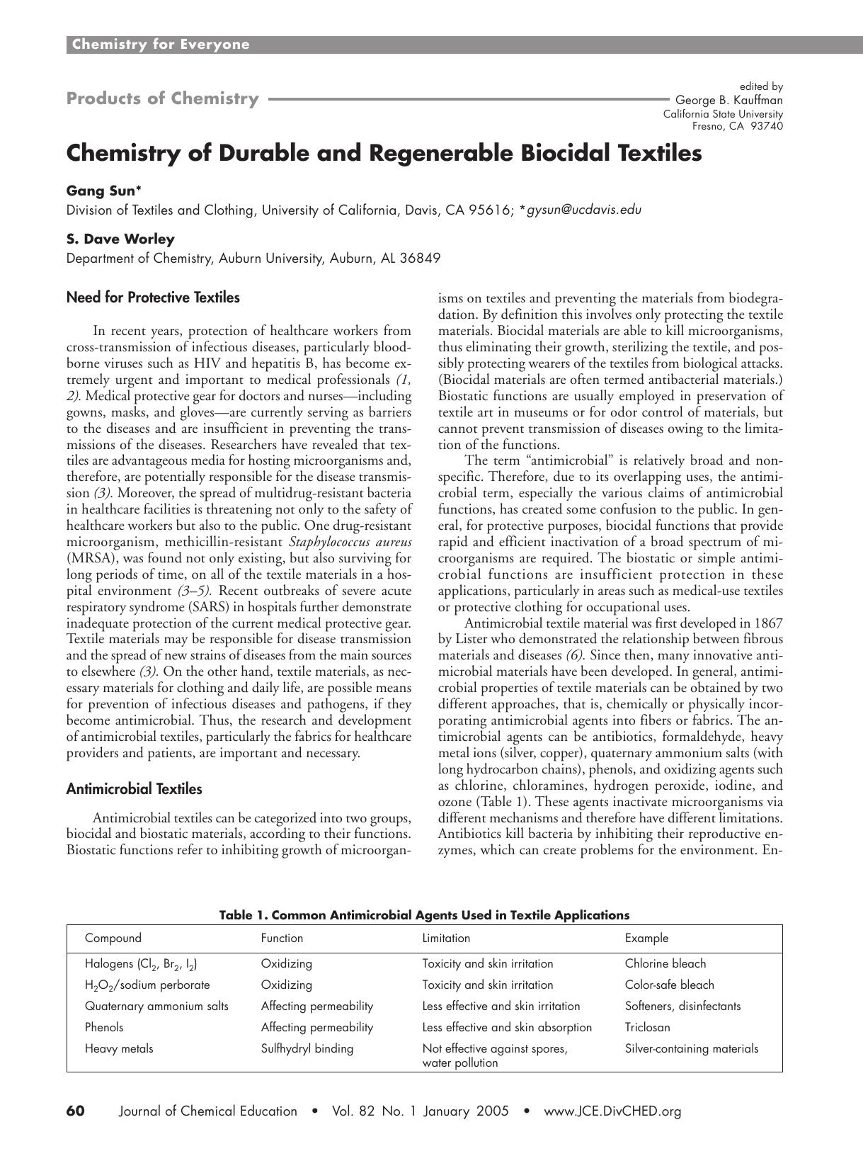 Chemistry of Durable and Regenerable Biocidal Textiles by Gang Sun & S. Dave Worley