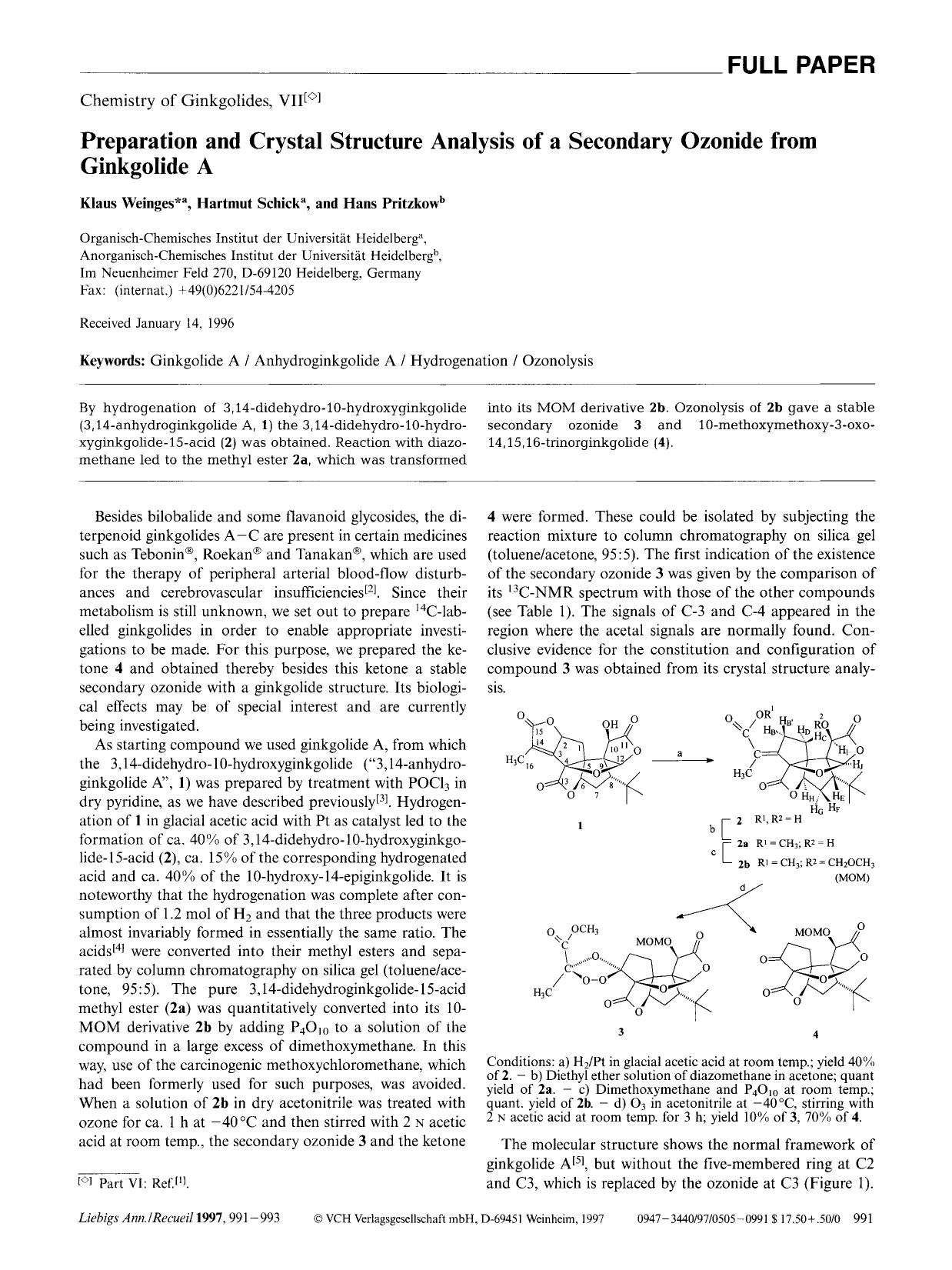 Chemistry of Ginkgolides, VII. Preparation and Crystal Structure Analysis of a Secondary Ozonide from Ginkgolide A by Unknown