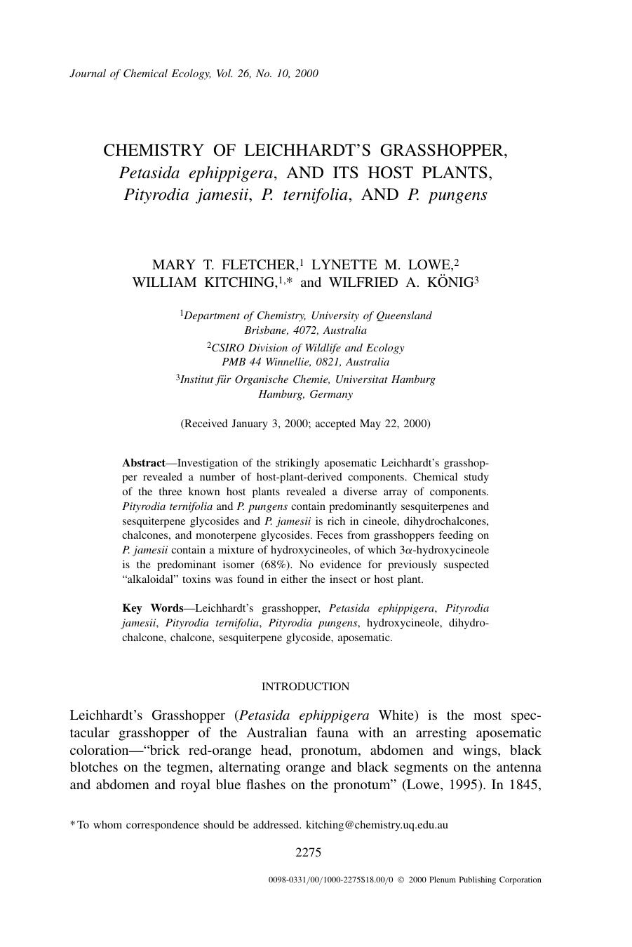 Chemistry of Leichhardt's Grasshopper, Petasida ephippigera, and its Host Plants, Pityrodia jamesii, P. ternifolia, and P. pungens by Unknown
