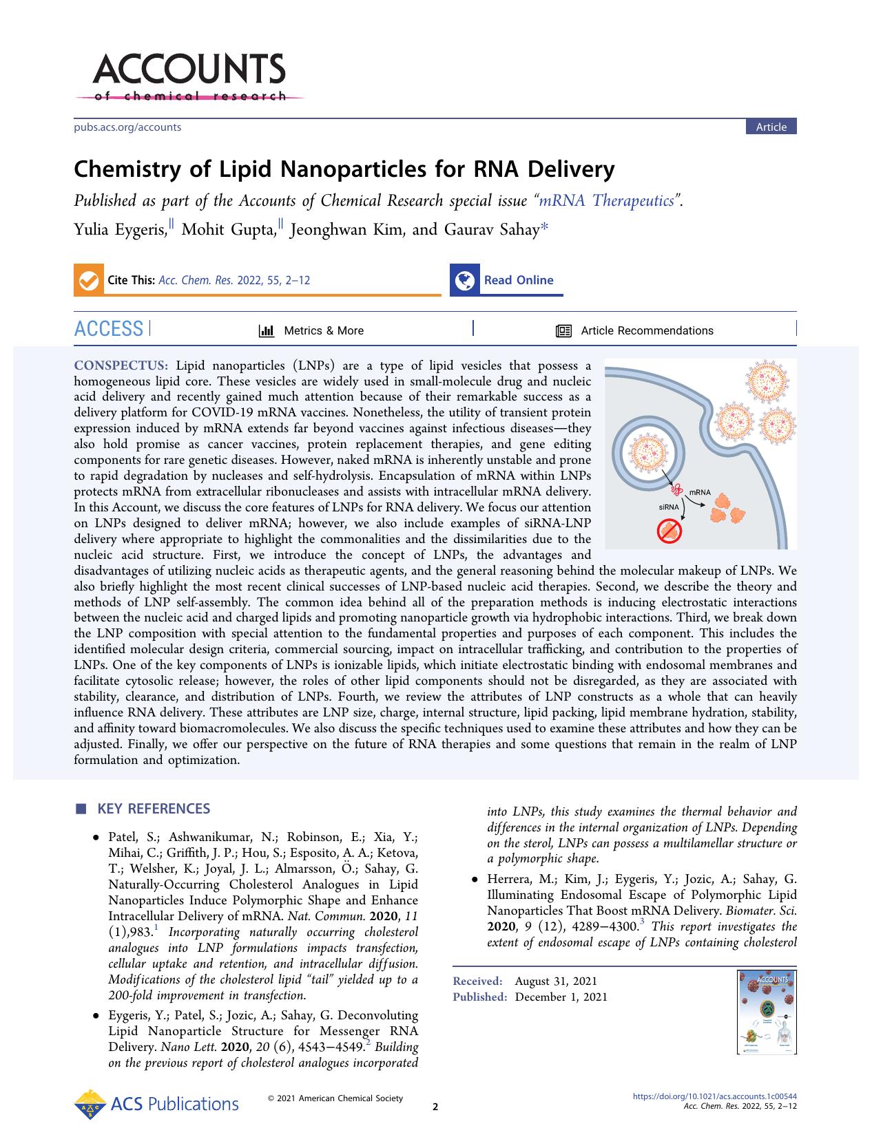 Chemistry of Lipid Nanoparticles for RNA Delivery by Yulia Eygeris Mohit Gupta Jeonghwan Kim and Gaurav Sahay