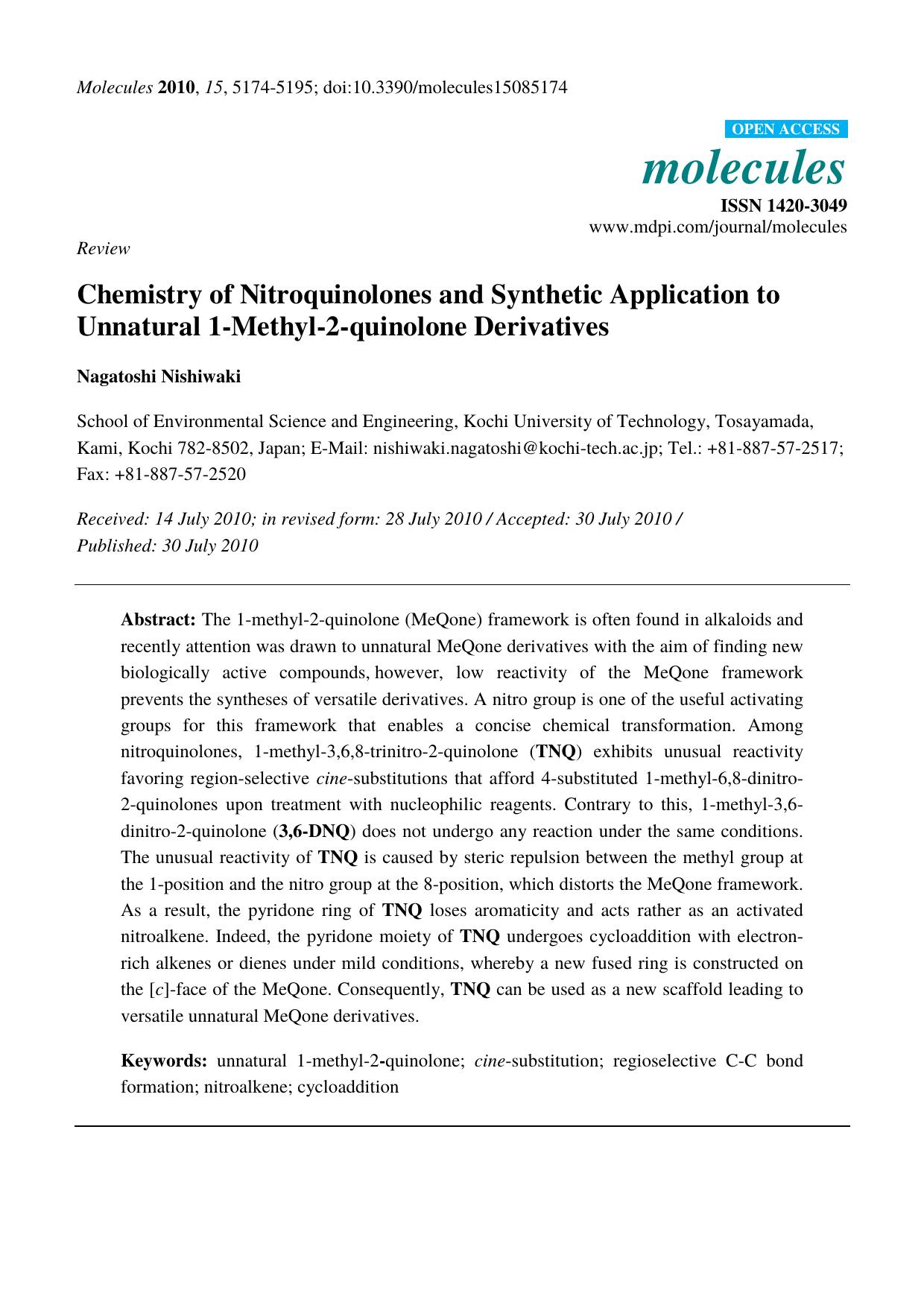 Chemistry of Nitroquinolones and Synthetic Application to Unnatural 1-Methyl-2-quinolone Derivatives by Nagatoshi Nishiwaki