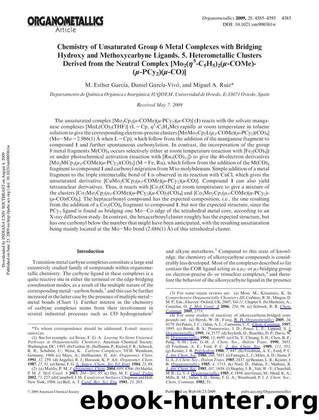 Chemistry of Unsaturated Group 6 Metal Complexes with Bridging Hydroxy and Methoxycarbyne Ligands. 5. Heterometallic Clusters Derived from the Neutral Complex [Mo2(Î·5-C5H5)2(Î¼-COMe)(Î¼-PCy2)(Î¼-CO)] by M. Esther García Daniel García-Vivó & Miguel A. Ruiz*