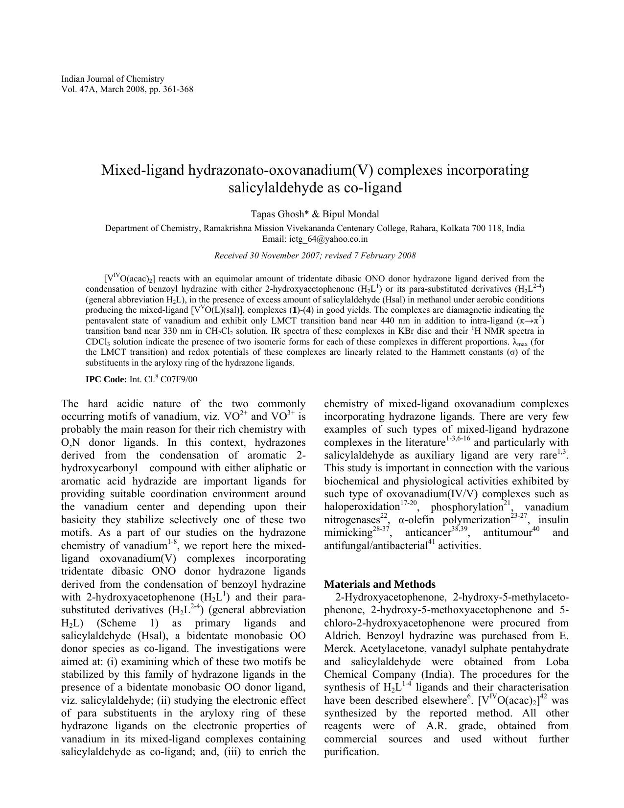Chemistry of a family of mixed-ligand hydrazonato-oxovanadium(V) complexes incorporating salicylaldehyde as co-ligand by dk