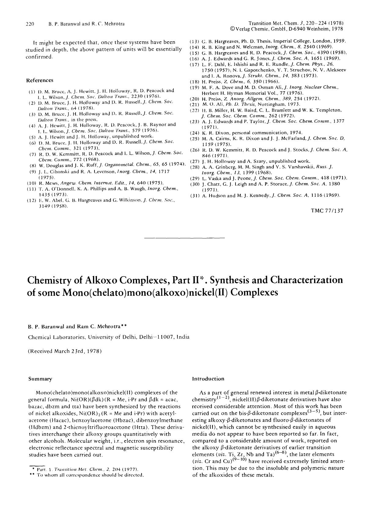 Chemistry of alkoxo complexes, part II. Synthesis and characterization of some mono(chelato)mono(alkoxo)nickel(II) complexes by Unknown