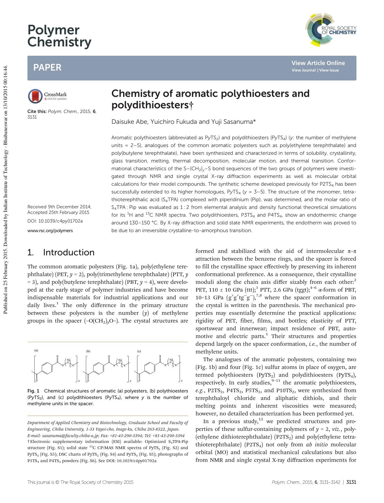 Chemistry of aromatic polythioesters and polydithioesters by Daisuke Abe Yuichiro Fukuda Yuji Sasanuma