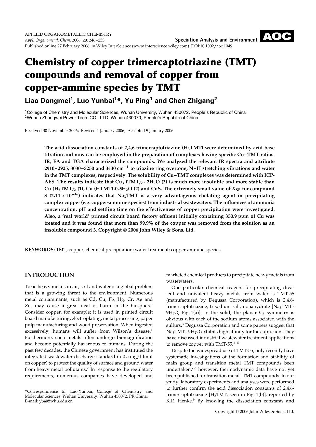 Chemistry of copper trimercaptotriazine (TMT) compounds and removal of copper from copper-ammine species by TMT by Unknown