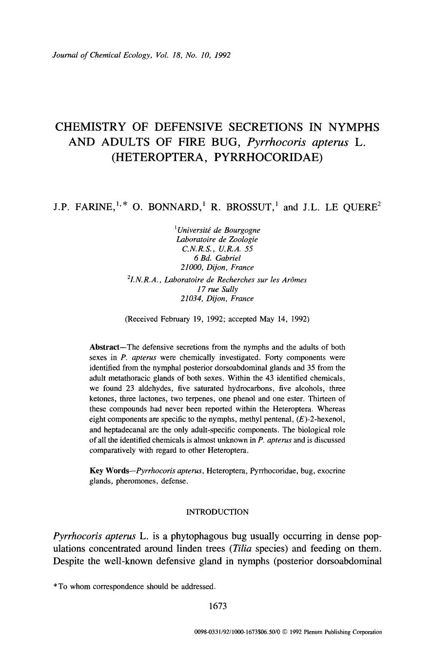 Chemistry of defensive secretions in nymphs and adults of fire bug, <Emphasis Type="Italic">Pyrrhocoris apterus <Emphasis> L. (Heteroptera, Pyrrhocoridae) by Unknown