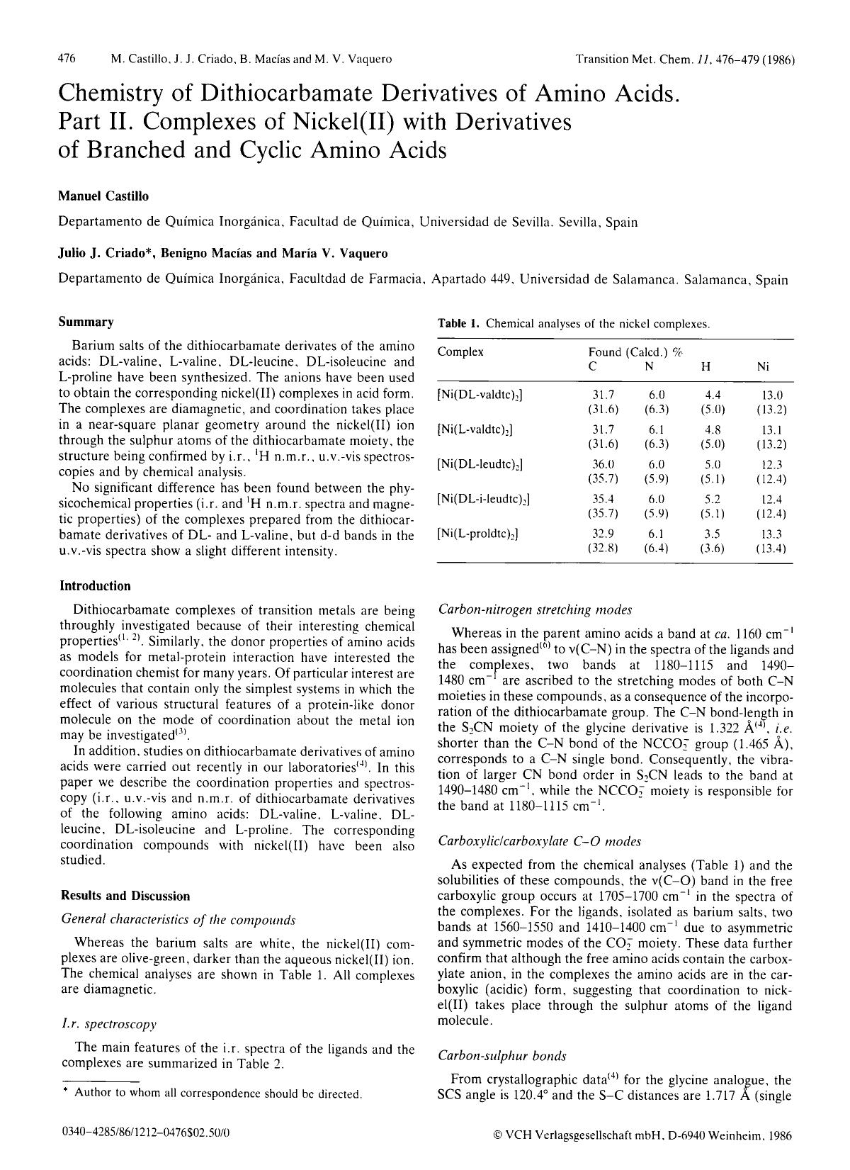 Chemistry of dithiocarbamate derivatives of amino acids. Part II. Complexes of nickel(II) with derivatives of branched and cyclic amino acids by Unknown