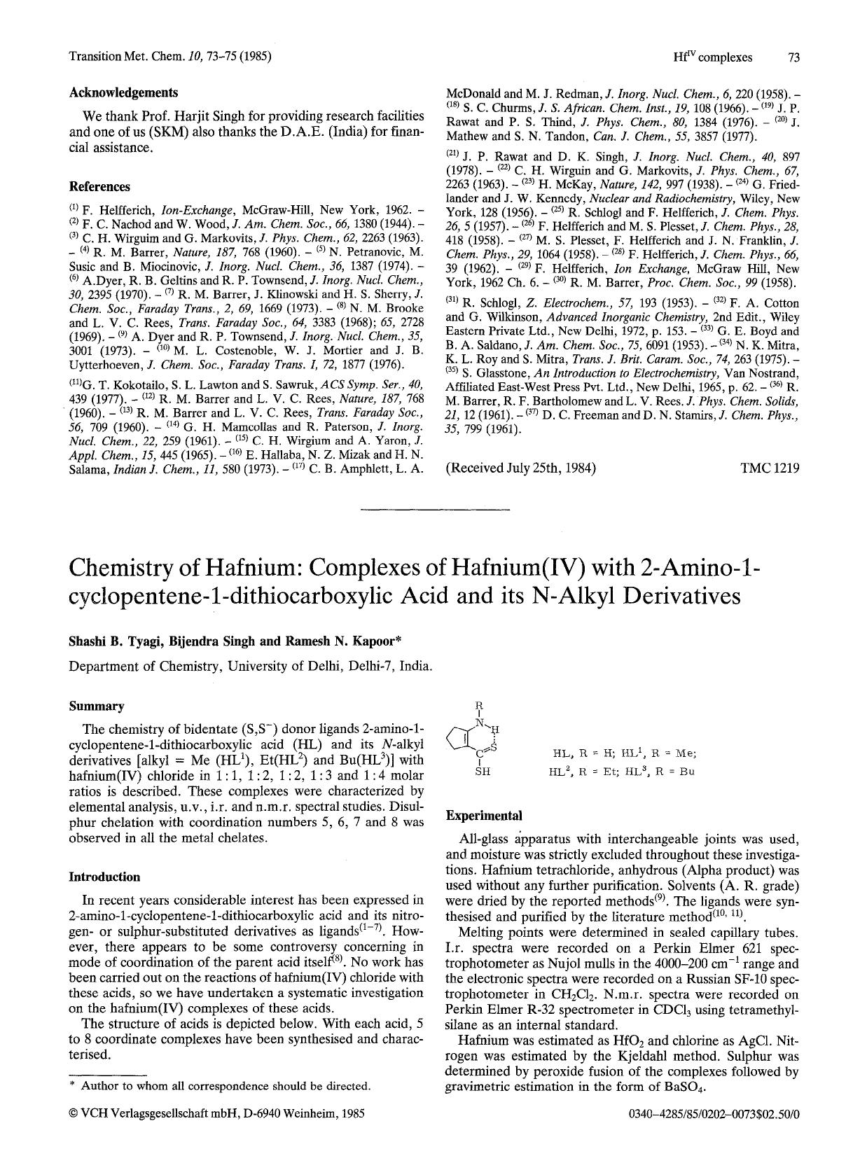 Chemistry of hafnium: Complexes of hafnium(IV) with 2-amino-1-cyclopentene-1-dithiocarboxylic acid and its N-alkyl derivatives by Unknown