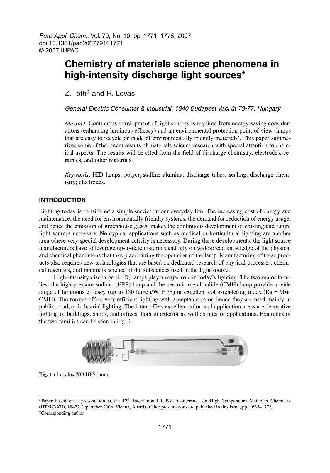 Chemistry of materials science phenomena in high-intensity discharge light sources by Z. TÃ³th & H. Lovas
