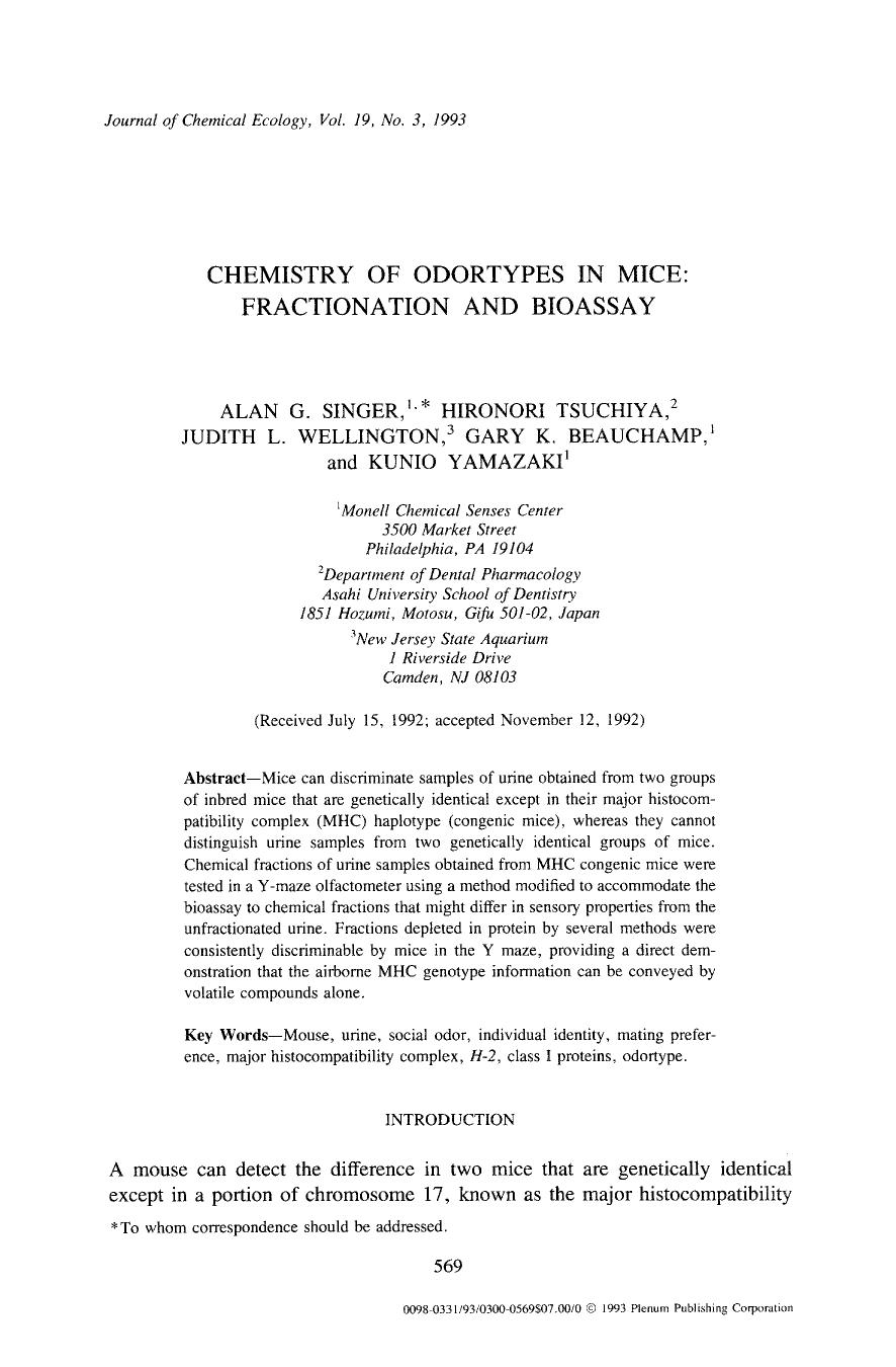 Chemistry of odortypes in mice: Fractionation and bioassay by Unknown