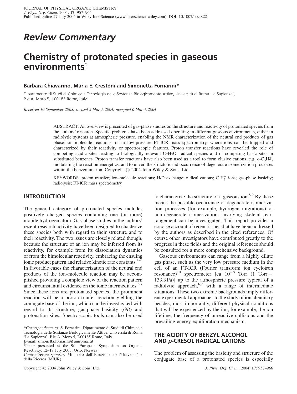 Chemistry of protonated species in gaseous environments by Unknown