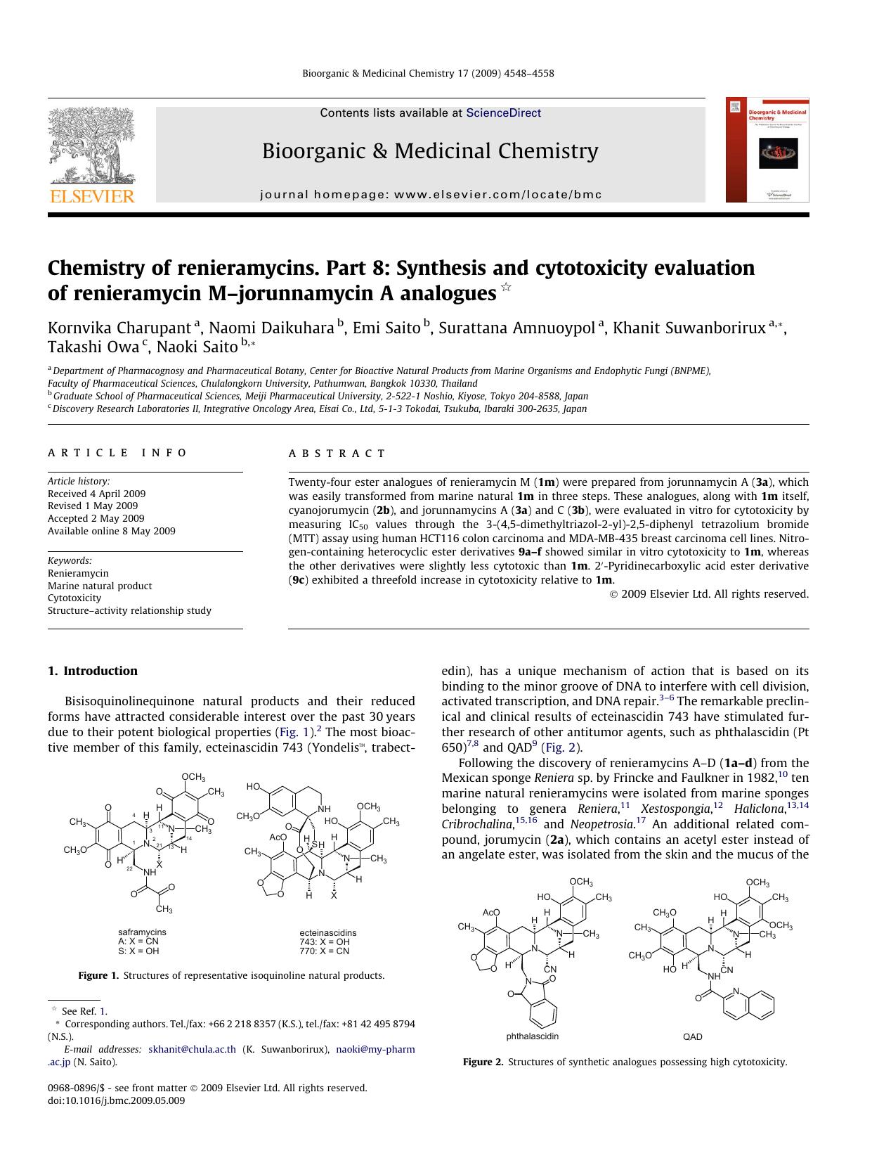 Chemistry of renieramycins. Part 8: Synthesis and cytotoxicity evaluation of renieramycin Mâjorunnamycin A analogues by unknow