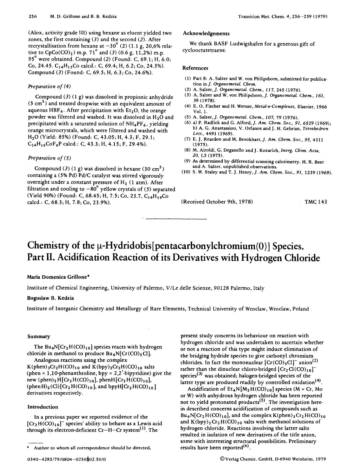 Chemistry of the &#x03BC;-hydridobis[pentacarbonylchromium(0)] Species. Part II. Acidification reaction of its derivatives with hydrogen chloride by Unknown