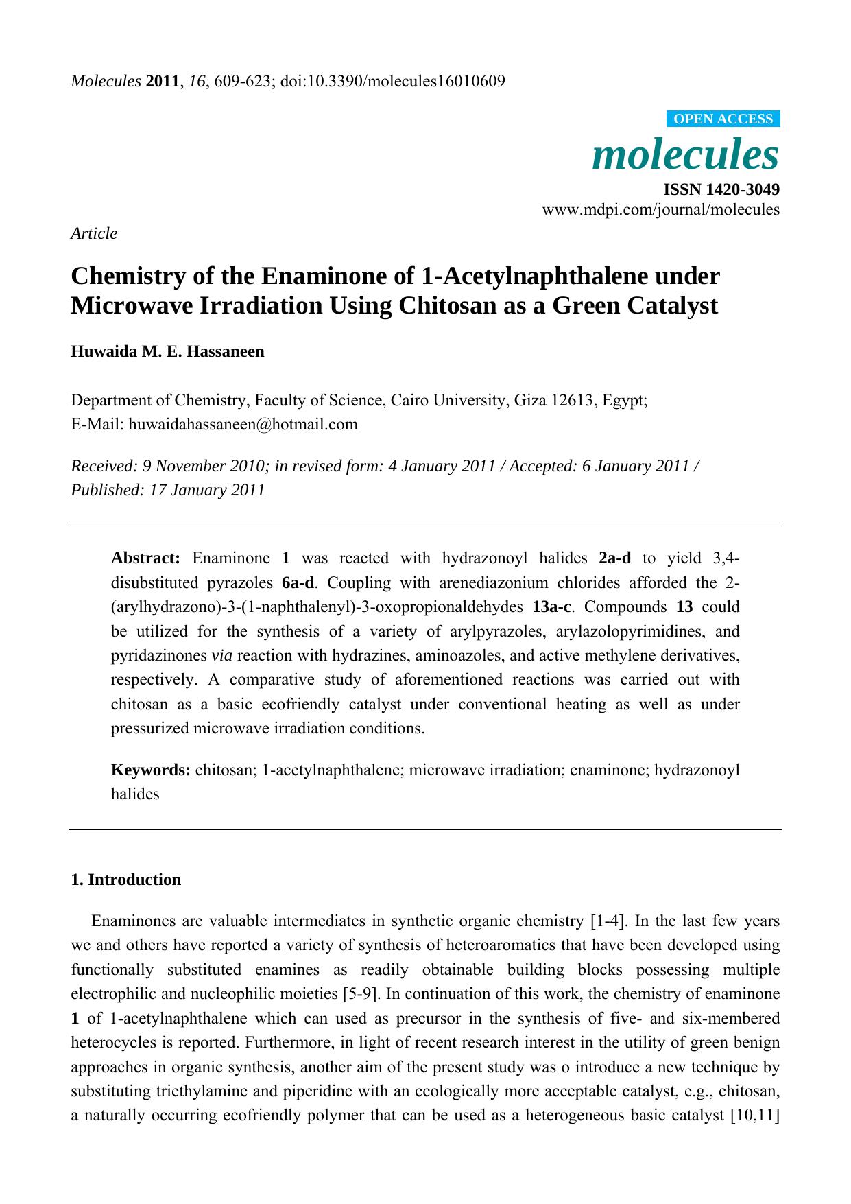 Chemistry of the Enaminone of 1-Acetylnaphthalene under Microwave Irradiation Using Chitosan as a Green Catalyst by Huwaida M. E. Hassaneen