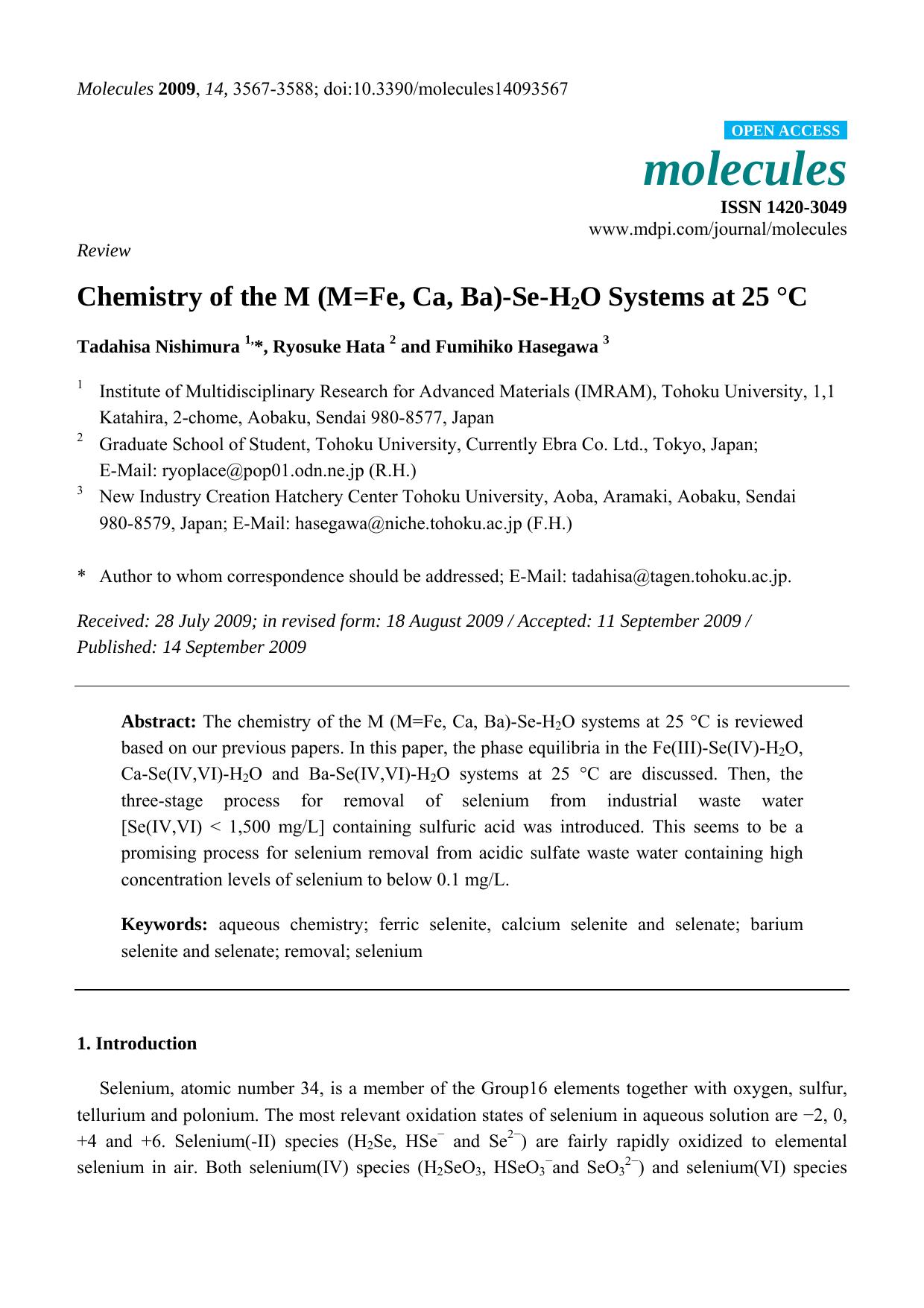 Chemistry of the M (M=Fe, Ca, Ba)-Se-H2O Systems at 25 Â°C by Tadahisa Nishimura & Ryosuke Hata & Fumihiko Hasegawa