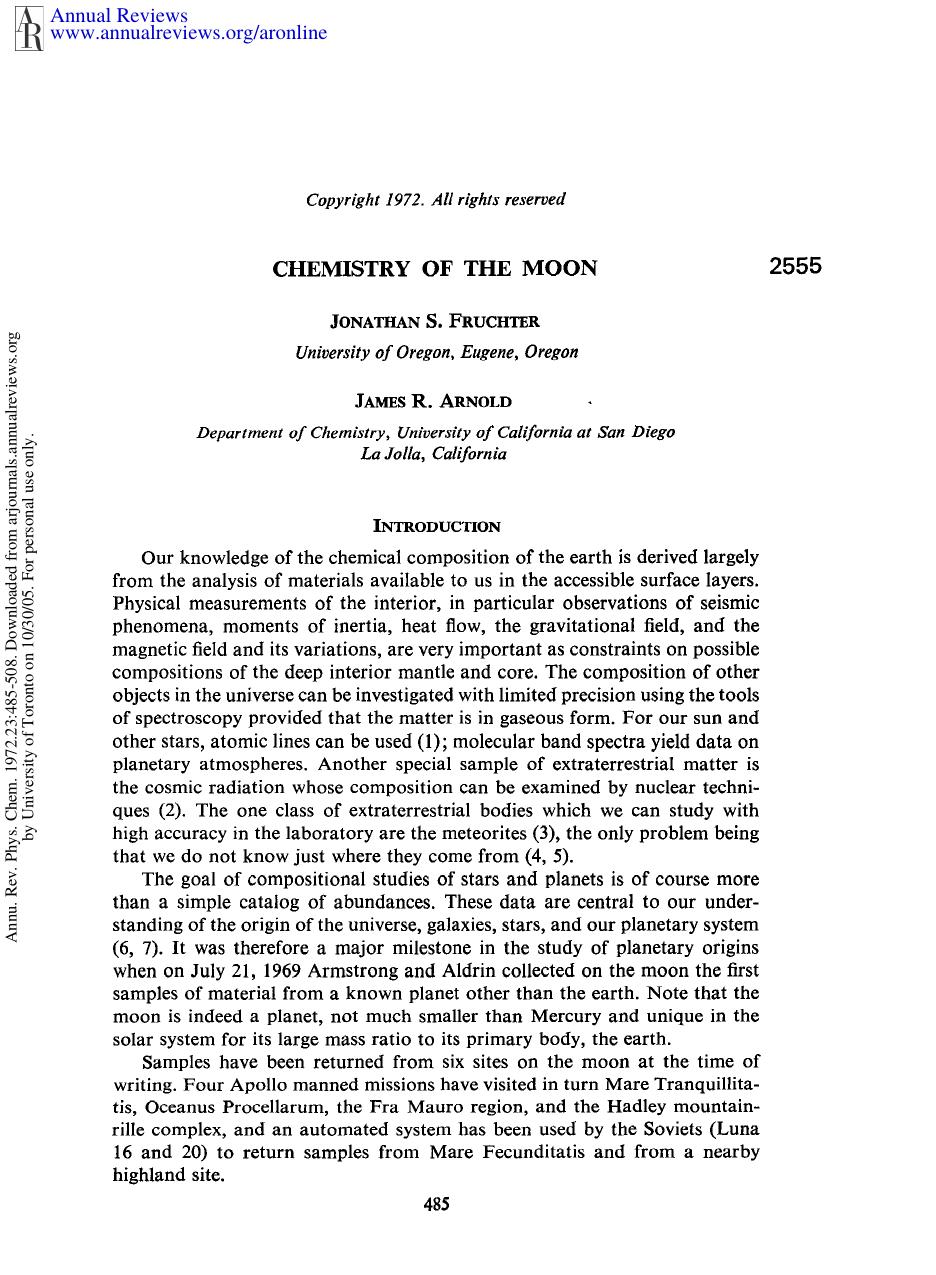 Chemistry of the Moon by J S Fruchter & J R Arnold