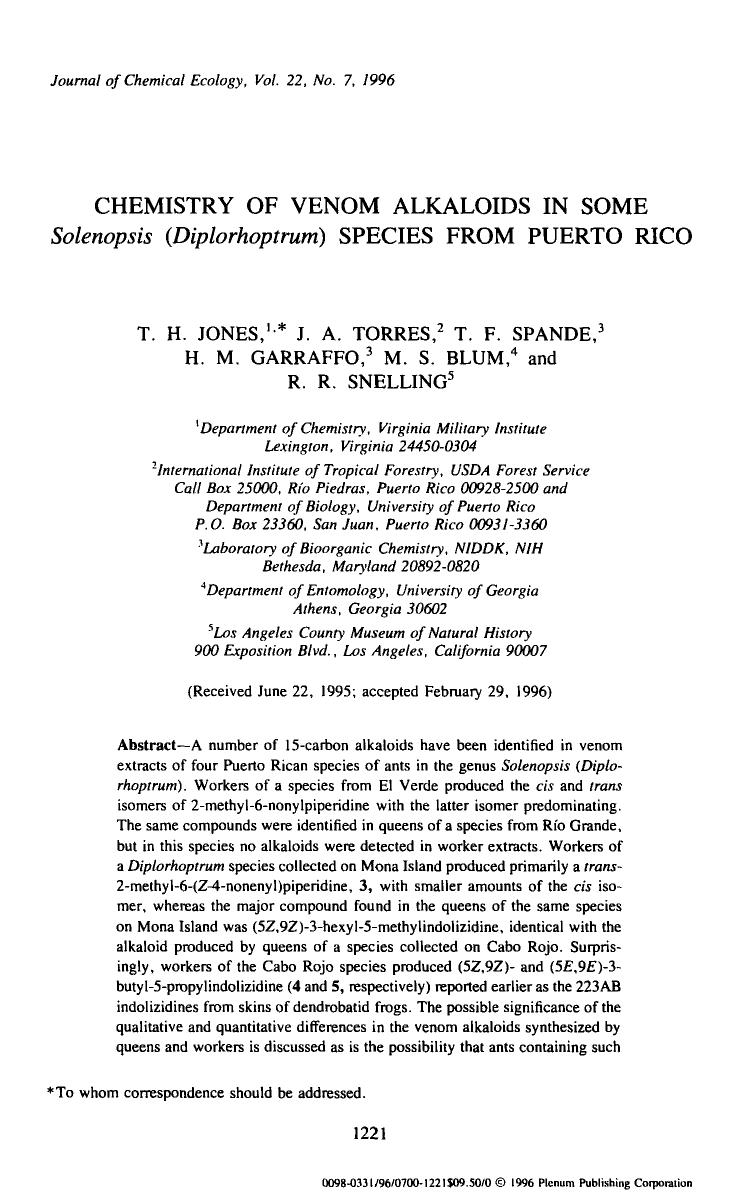 Chemistry of venom alkaloids in some <Emphasis Type="Italic">Solenopsis (Diplorhoptrum) <Emphasis> species from Puerto Rico by Unknown
