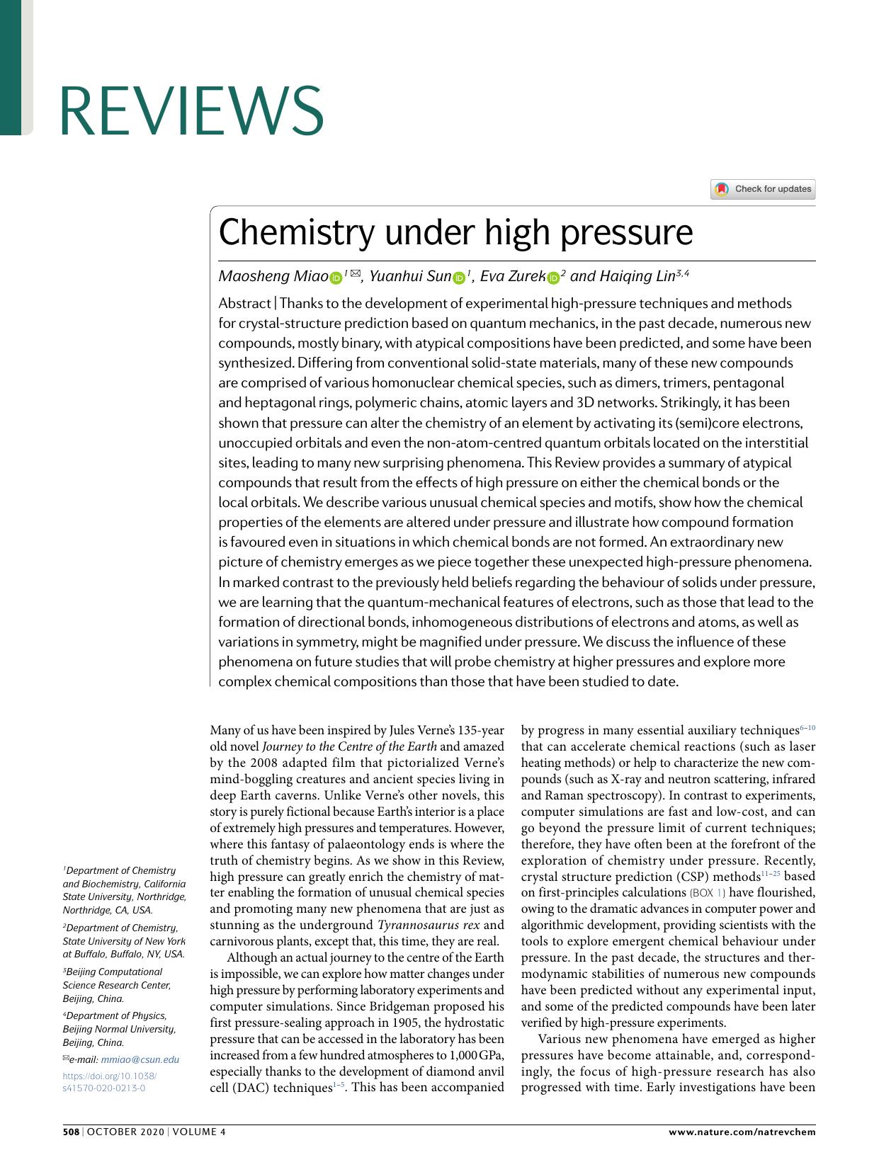 Chemistry under high pressure by Maosheng Miao & Yuanhui Sun & Eva Zurek & Haiqing Lin