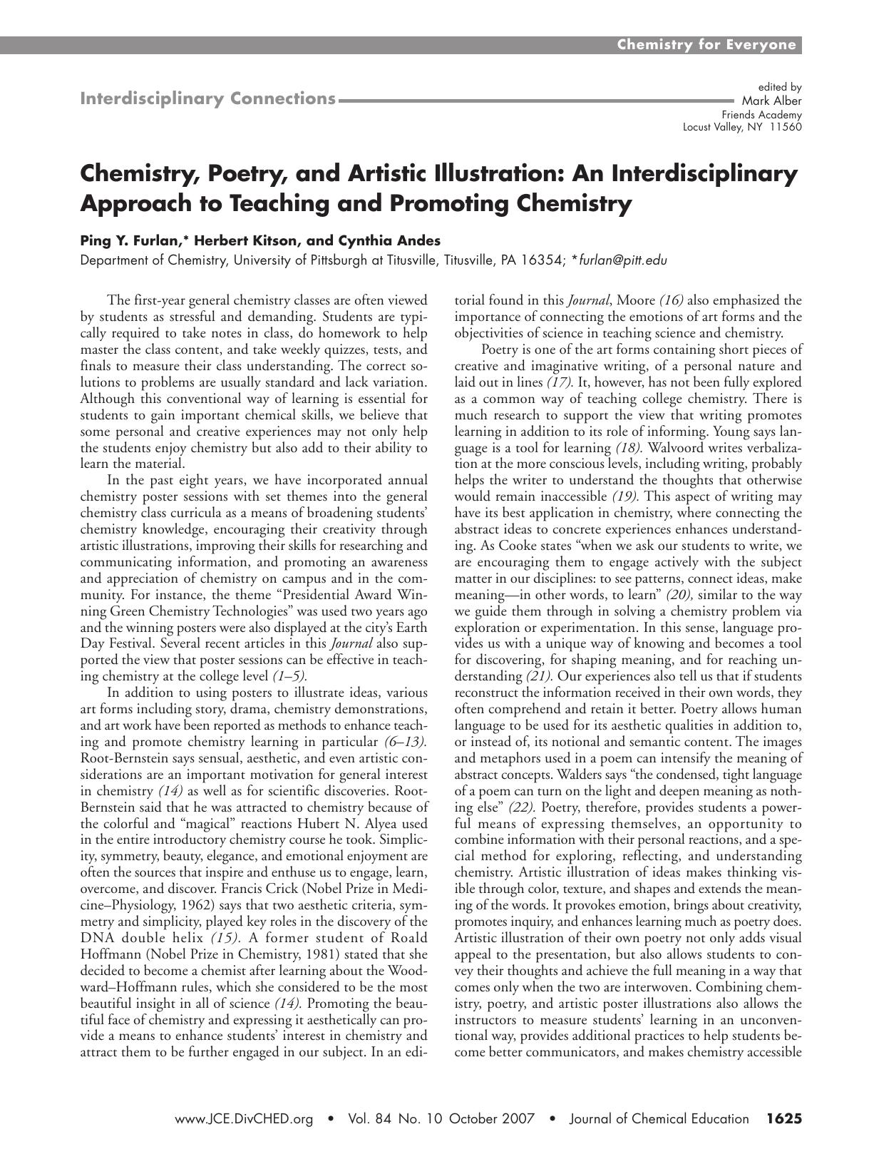 Chemistry, Poetry, and Artistic Illustration: An Interdisciplinary Approach to Teaching and Promoting Chemistry by Ping Y. Furlan Herbert Kitson and Cynthia Andes