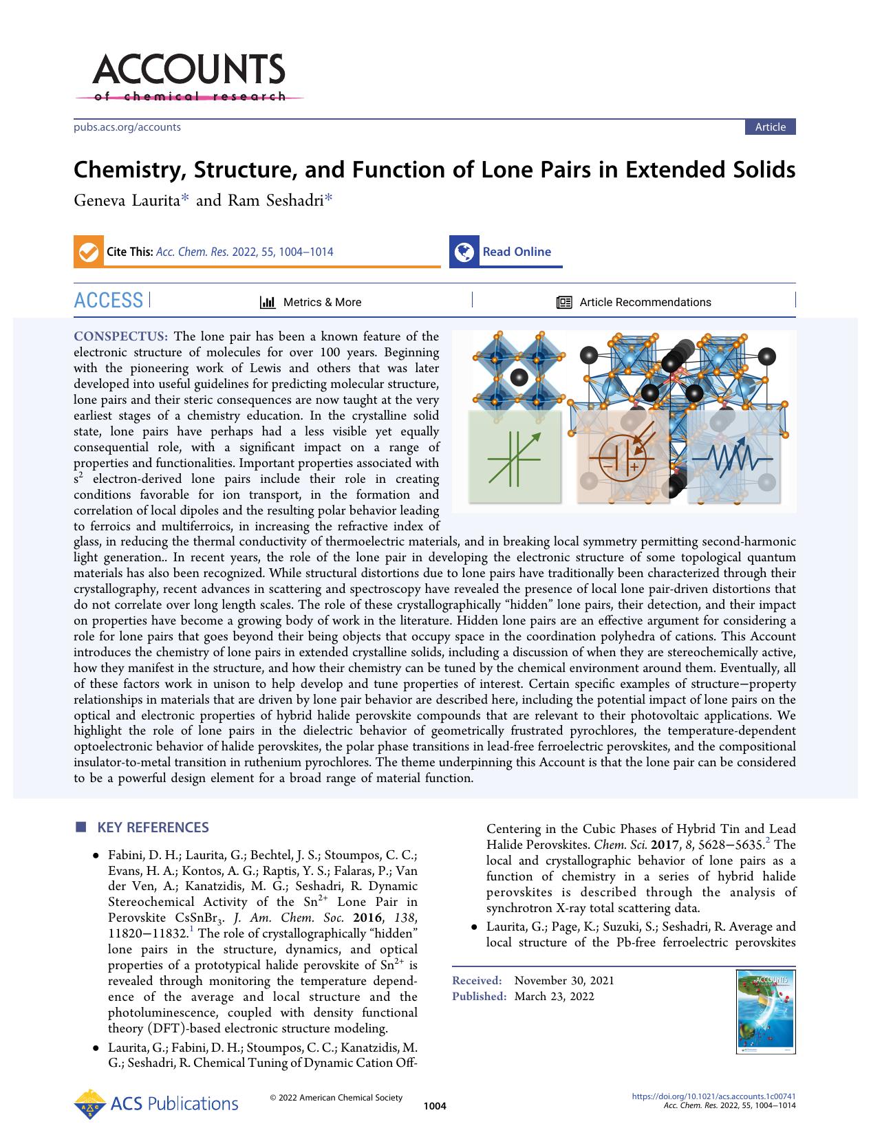 Chemistry, Structure, and Function of Lone Pairs in Extended Solids by Geneva Laurita and Ram Seshadri