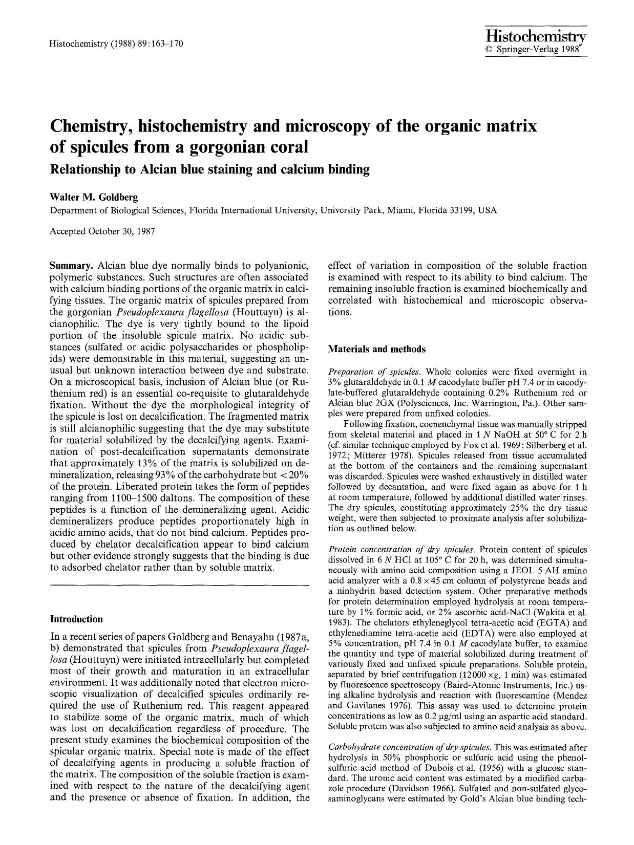 Chemistry, histochemistry and microscopy of the organic matrix of spicules from a gorgonian coral by Unknown