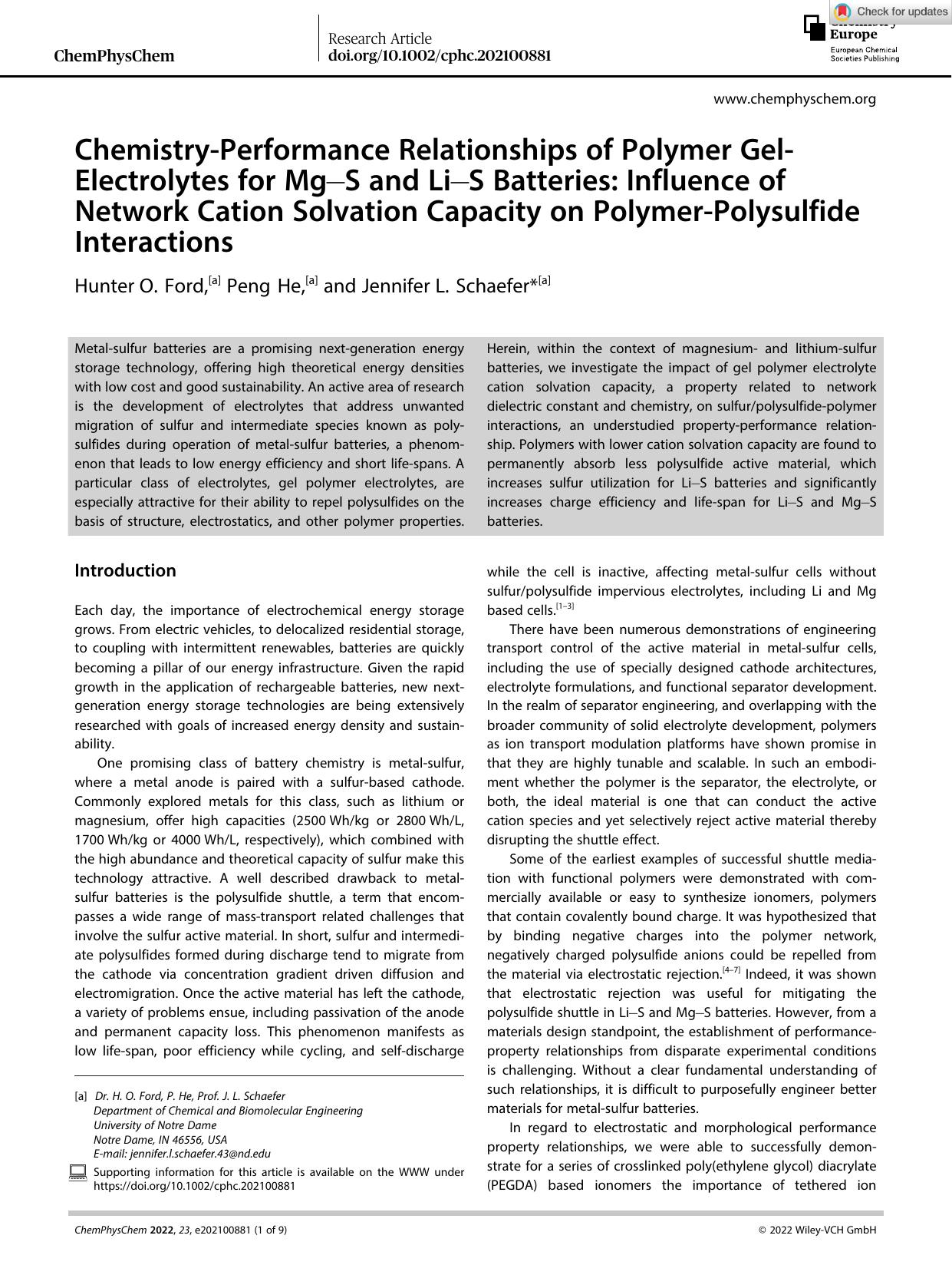 ChemistryâPerformance Relationships of Polymer GelâElectrolytes for MgâS and LiâS Batteries: Influence of Network Cation Solvation Capacity on PolymerâPolysulfide Interactions by Unknown
