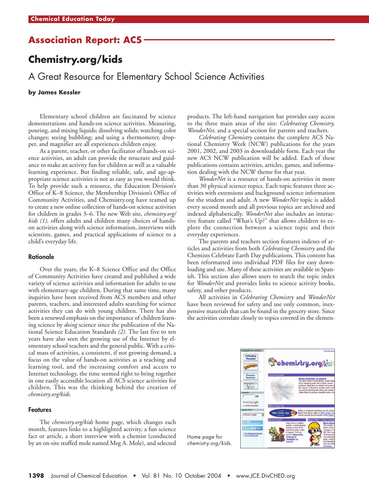 Chemistry.orgkids. A Great Resource for Elementary School Science Activities by James Kessler