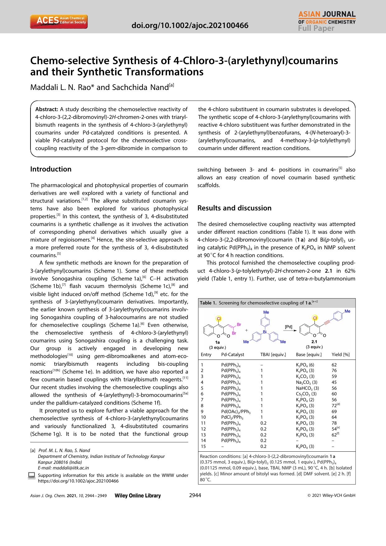 Chemoâselective Synthesis of 4âChloroâ3â(arylethynyl)coumarins and their Synthetic Transformations by Unknown