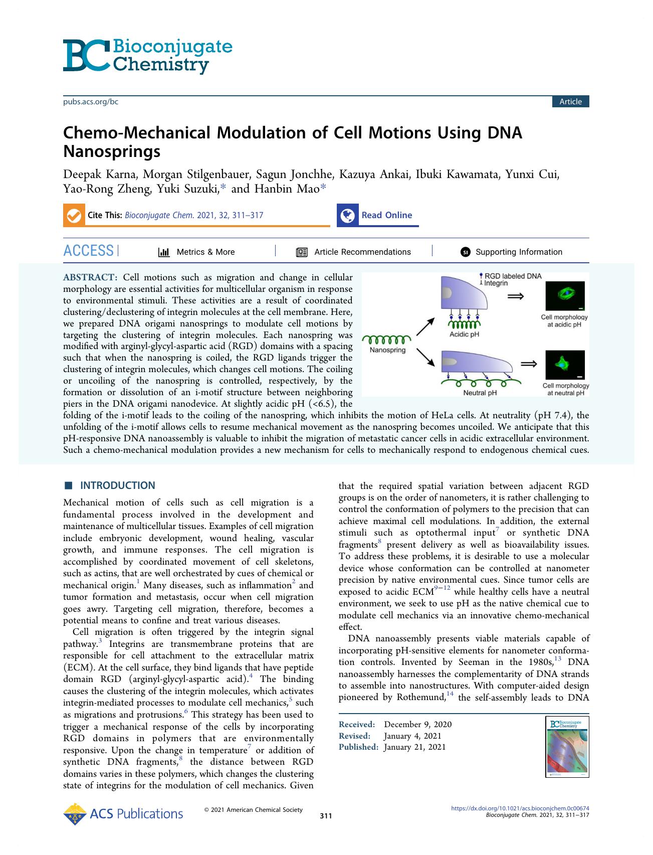 Chemo-Mechanical Modulation of Cell Motions Using DNA Nanosprings by unknow