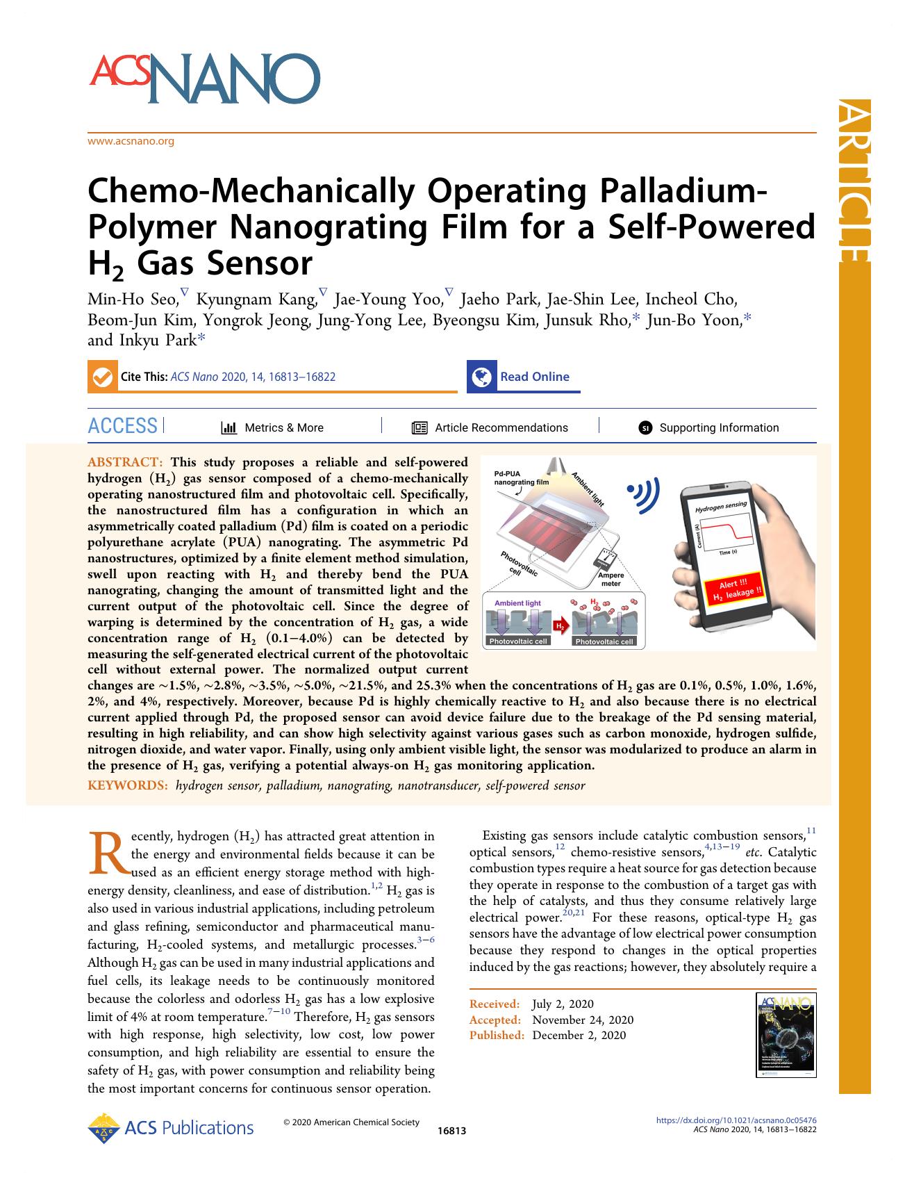 Chemo-Mechanically Operating Palladium-Polymer Nanograting Film for a Self-Powered H2 Gas Sensor by unknow