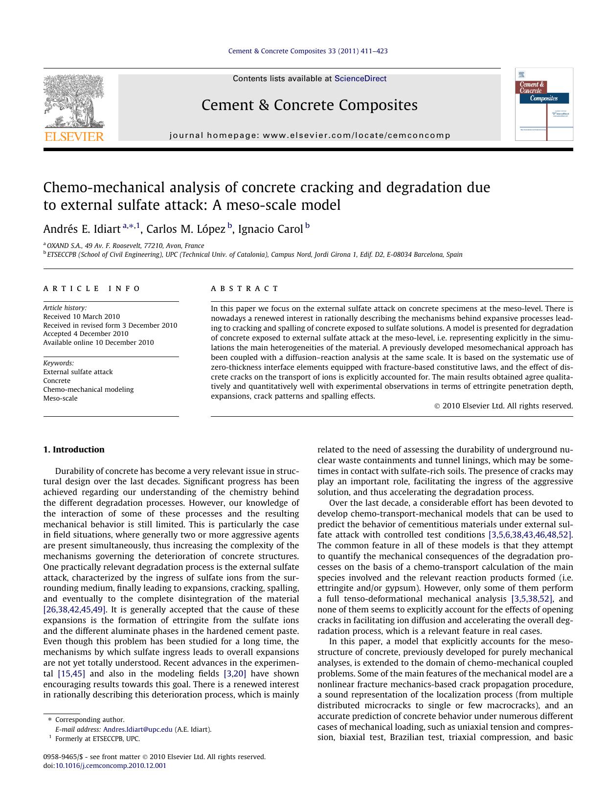 Chemo-mechanical analysis of concrete cracking and degradation due to external sulfate attack: A meso-scale model by AndrÃ©s E. Idiart & Carlos M. López & Ignacio Carol
