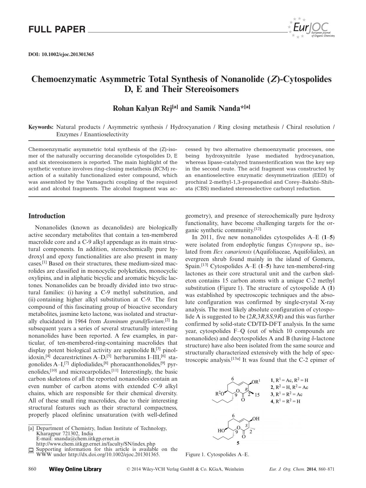 Chemoenzymatic Asymmetric Total Synthesis of Nonanolide (Z)Cytospolides D, E and Their Stereoisomers by Unknown